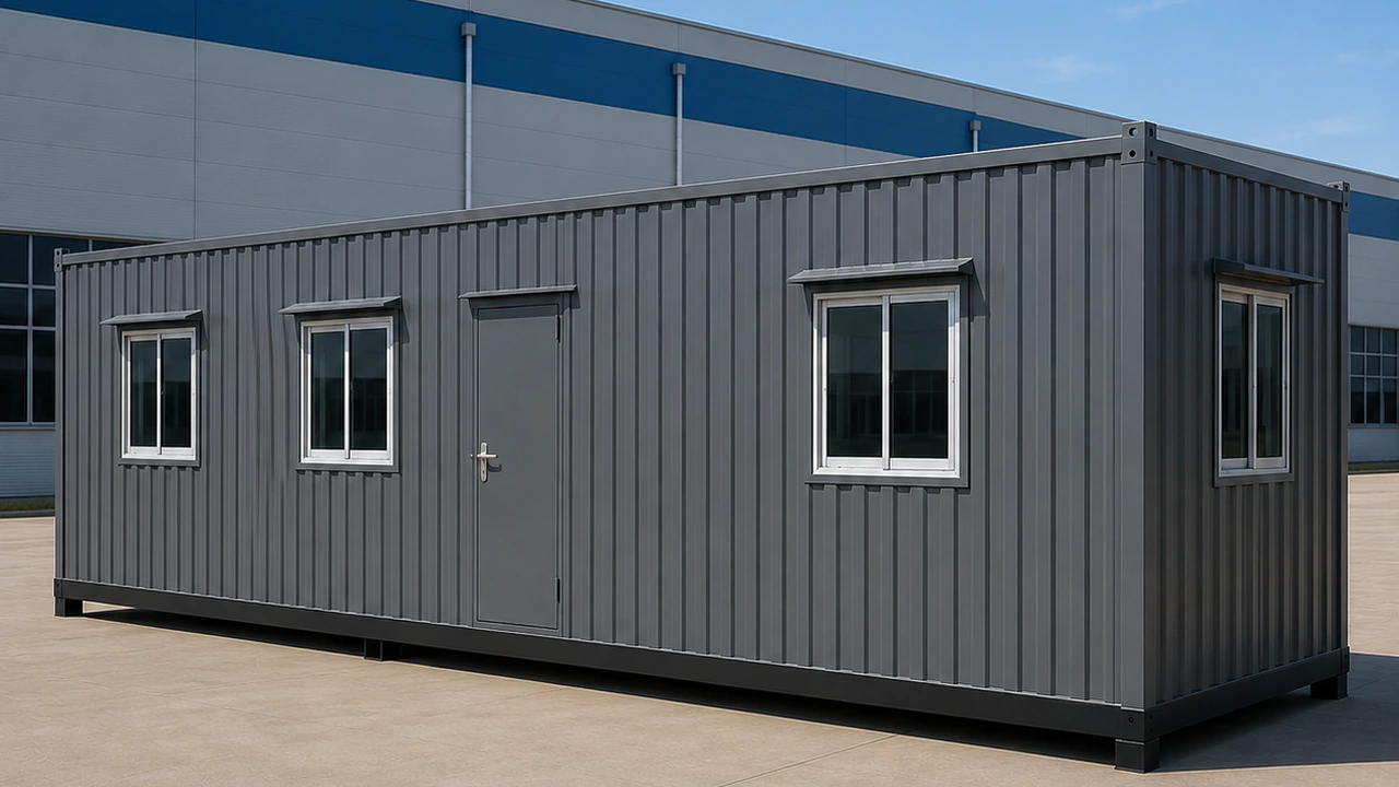 Long 40 ft MS porta cabin in grey corrugated steel with four windows, a single door and a black chassis in a factory yard