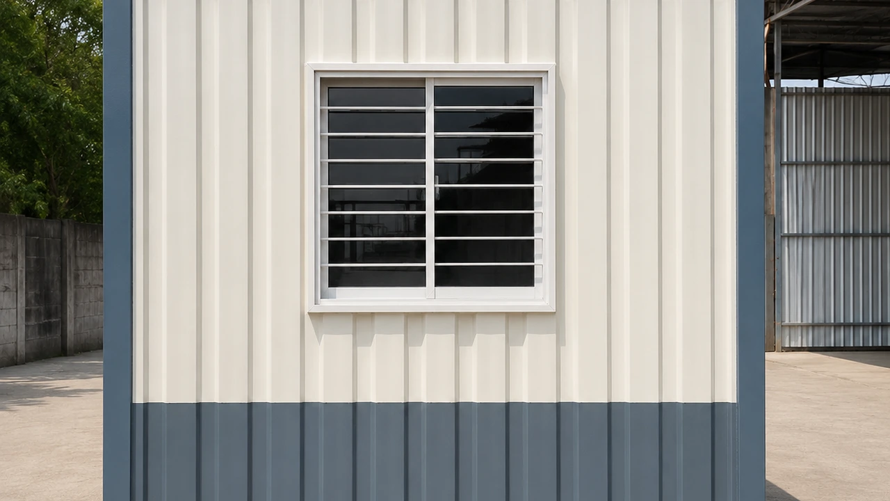 Cream and slate 20x10 ft MS porta cabin seen square on its short wall, single louvered window in corrugated steel