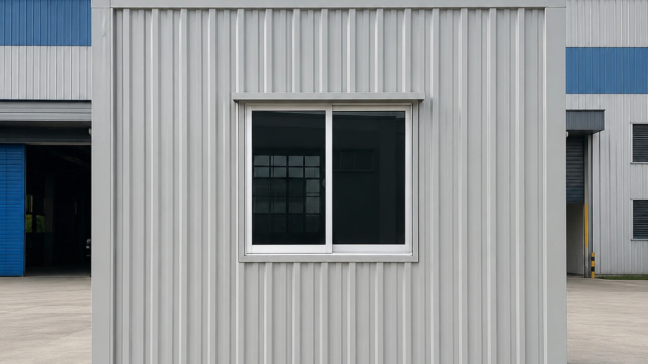 End wall of a 10x10 ft MS porta cabin in corrugated steel with a single sliding window