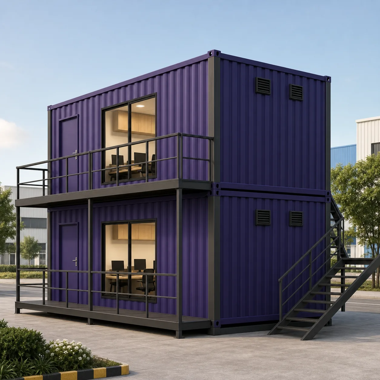 Purple 20 x 16 ft G+1 container office, Wall A door and picture window, access deck and stair