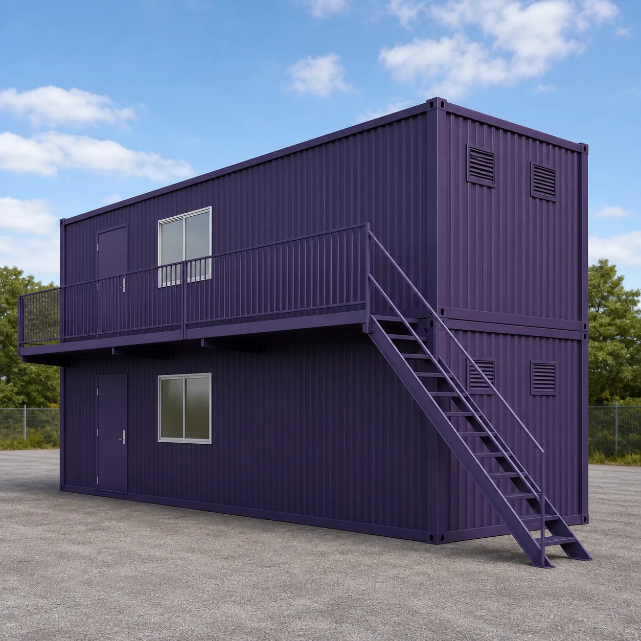 Service end of a 20 x 16 ft G+1 unit, two louvres per floor, stair rising to the Wall A deck