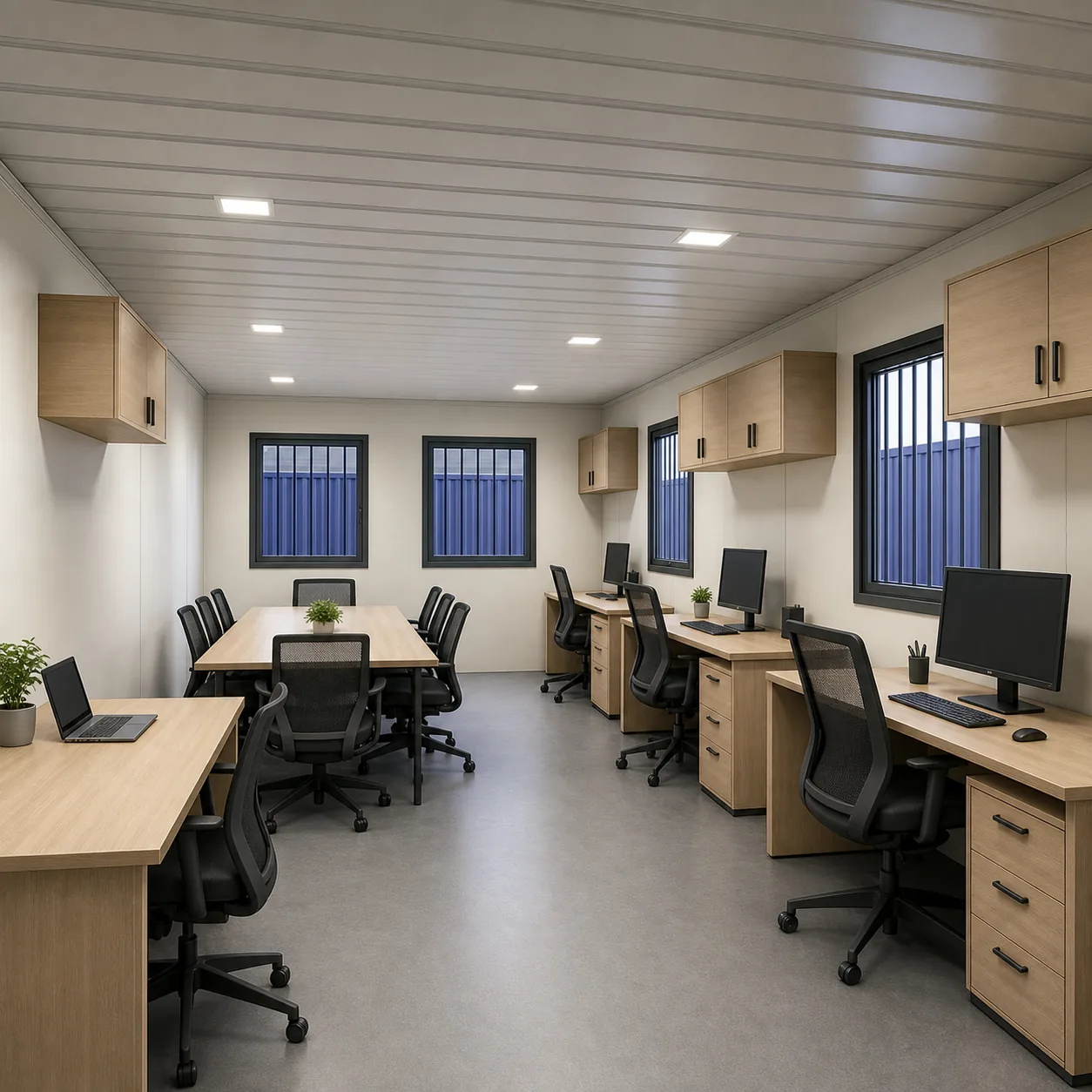 20 x 16 ft container office floor with four workstations and a six seat discussion table