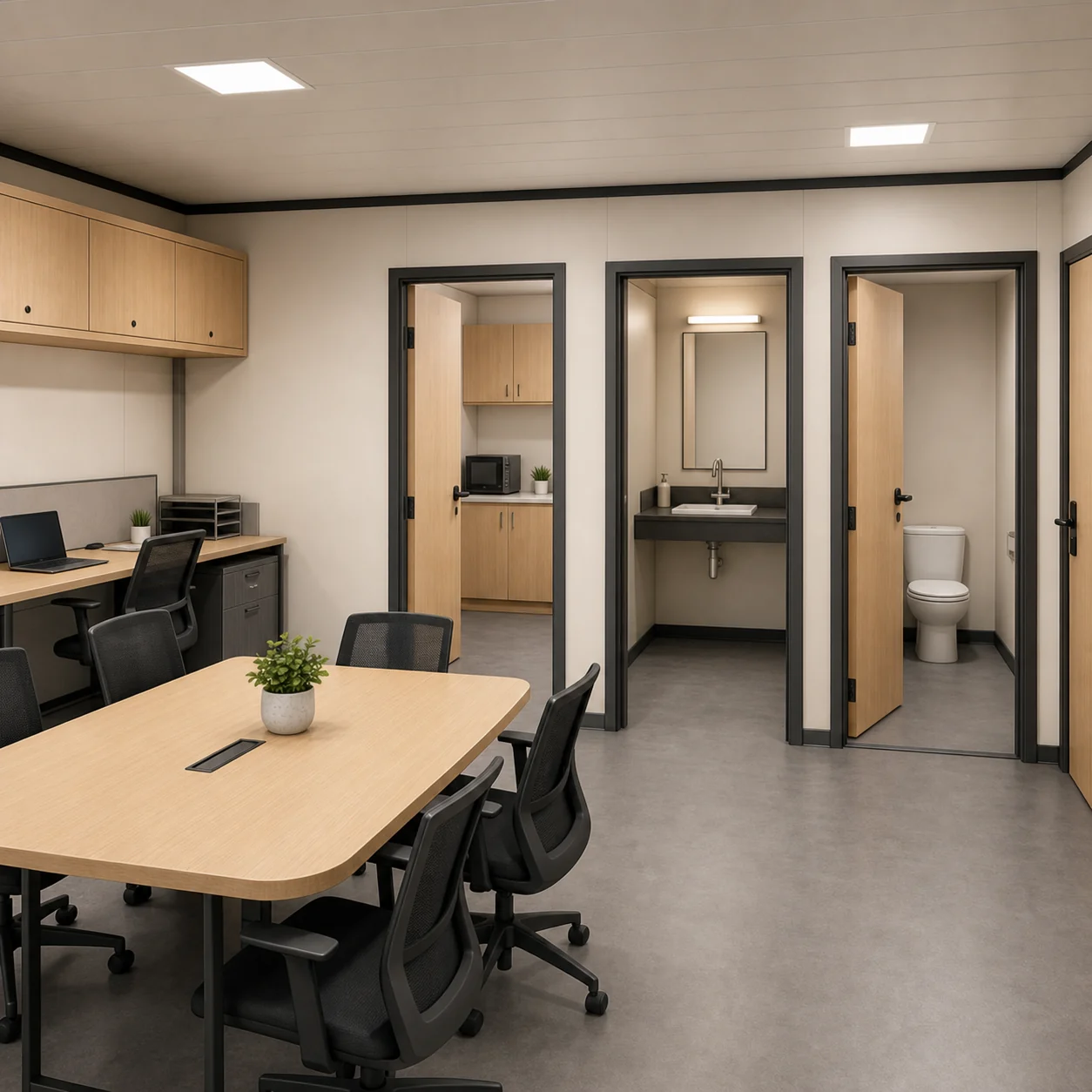 Pantry, shared wash basin and two toilet doors in the service bay of a 20 x 16 ft G+1 floor