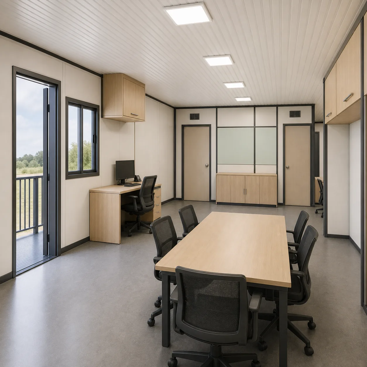 Discussion table beside the glazed Wall A access door on a 20 x 16 ft container office floor