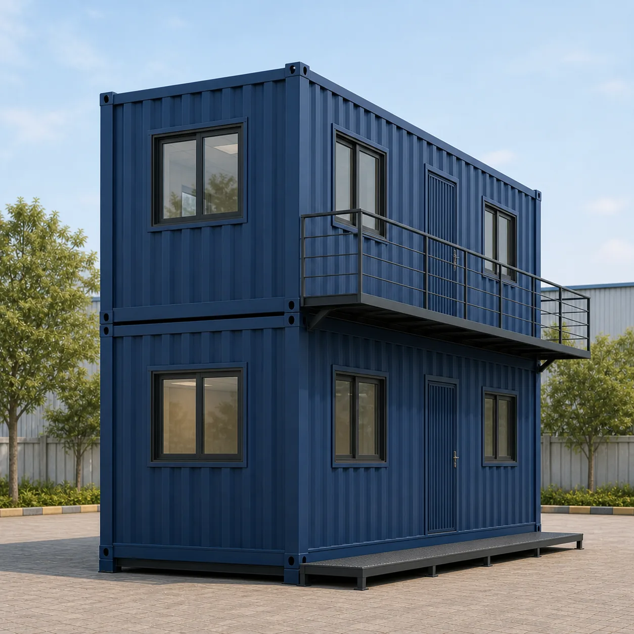 End C of a 20 x 8 ft G+1 container office, one window per floor, Wall A door beyond the corner