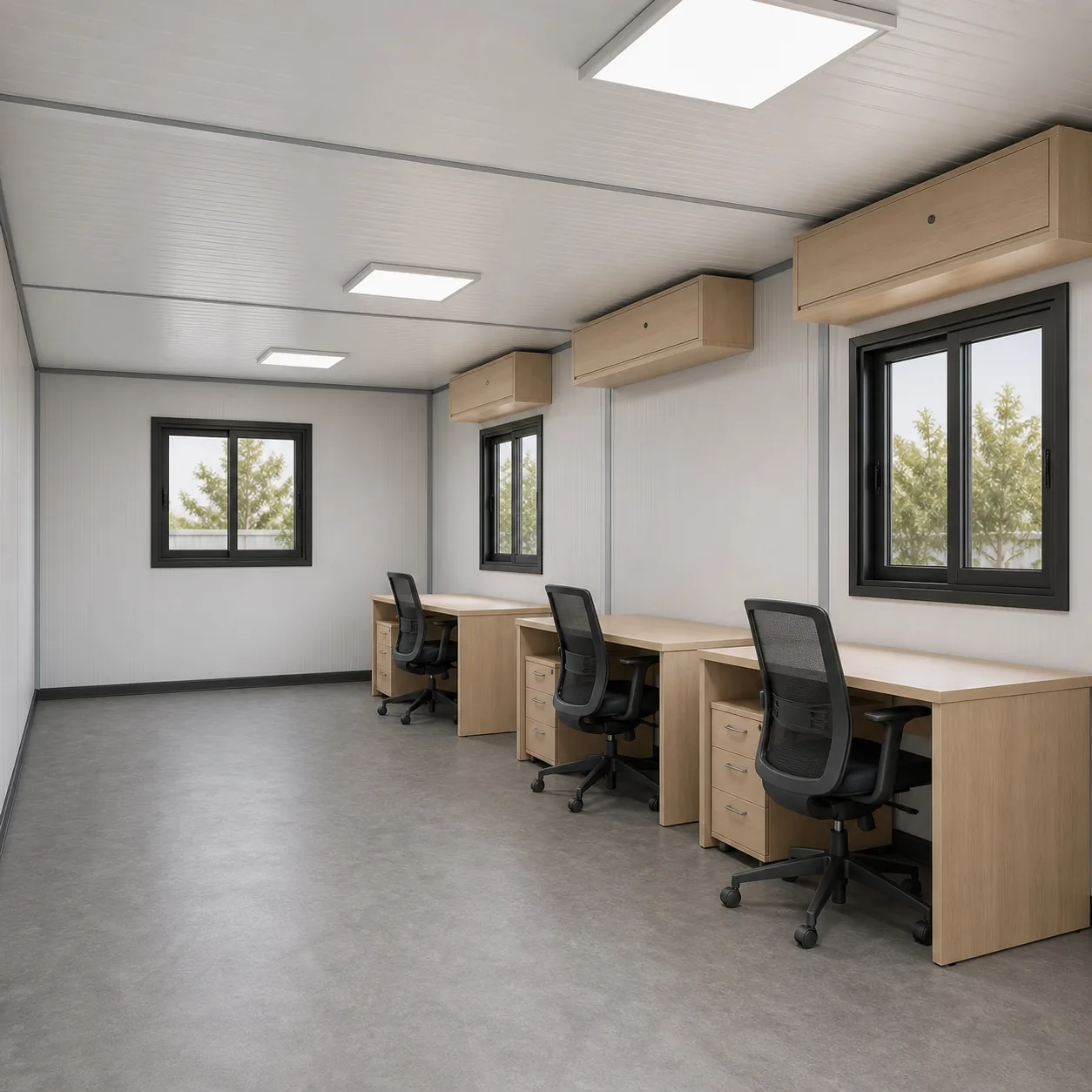 Open office floor of a 20 x 8 ft G+1 unit with three workstations and three ceiling cabinets