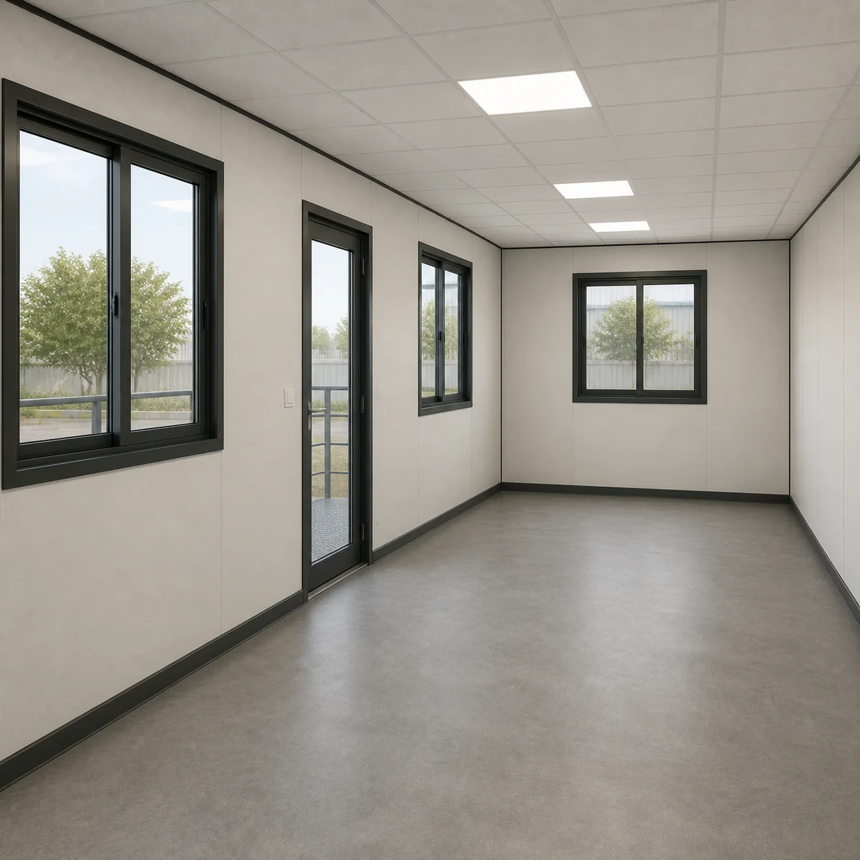 Inside Wall A of a 20 x 8 ft G+1 office showing window, glazed access door and second window