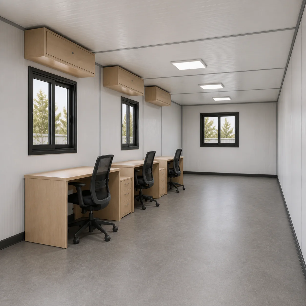 20 x 8 ft container office floor toward the end wall, three desks on Wall B, end bay left clear