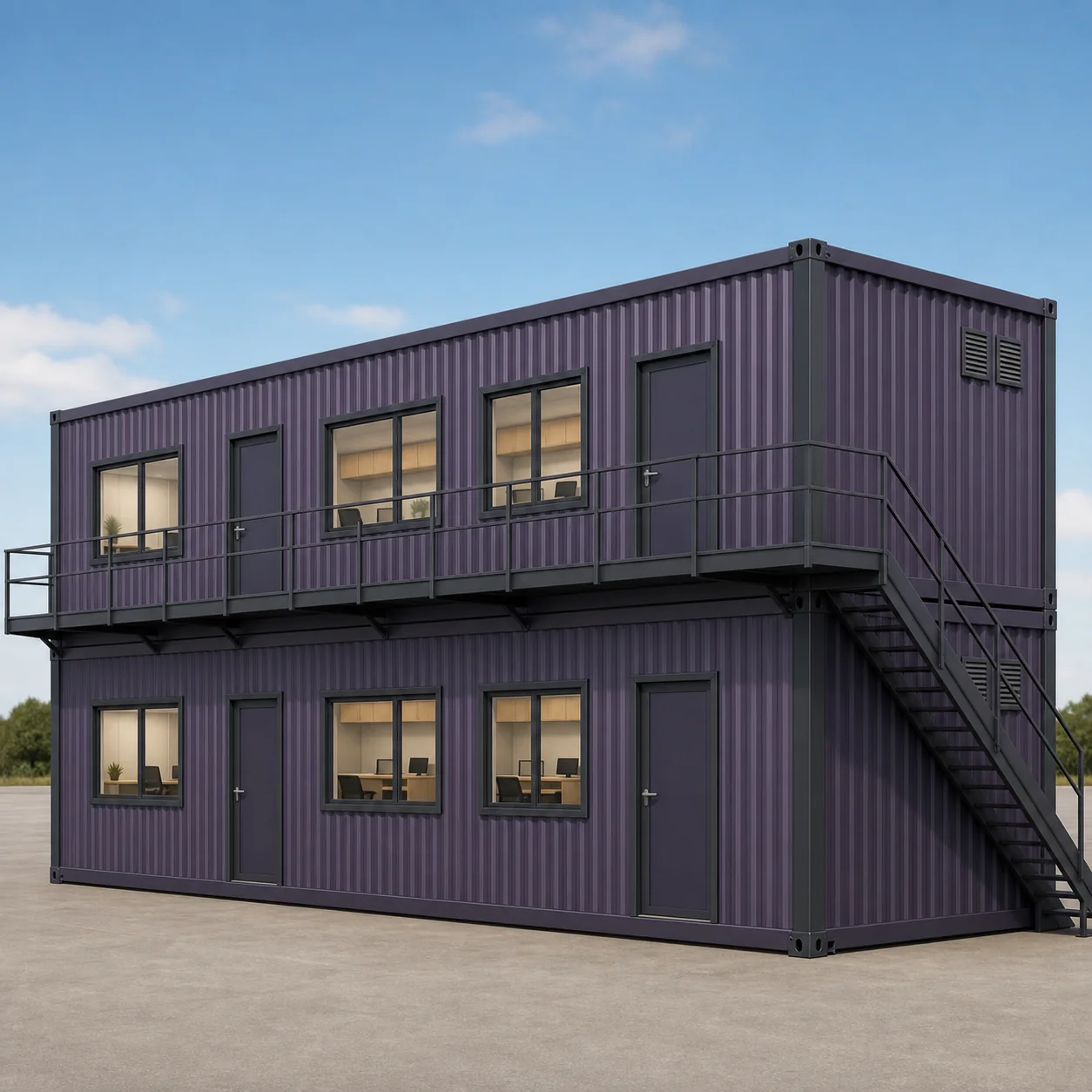40 x 16 ft G+1 container office, three Wall A windows and two doors, access deck and corner stair