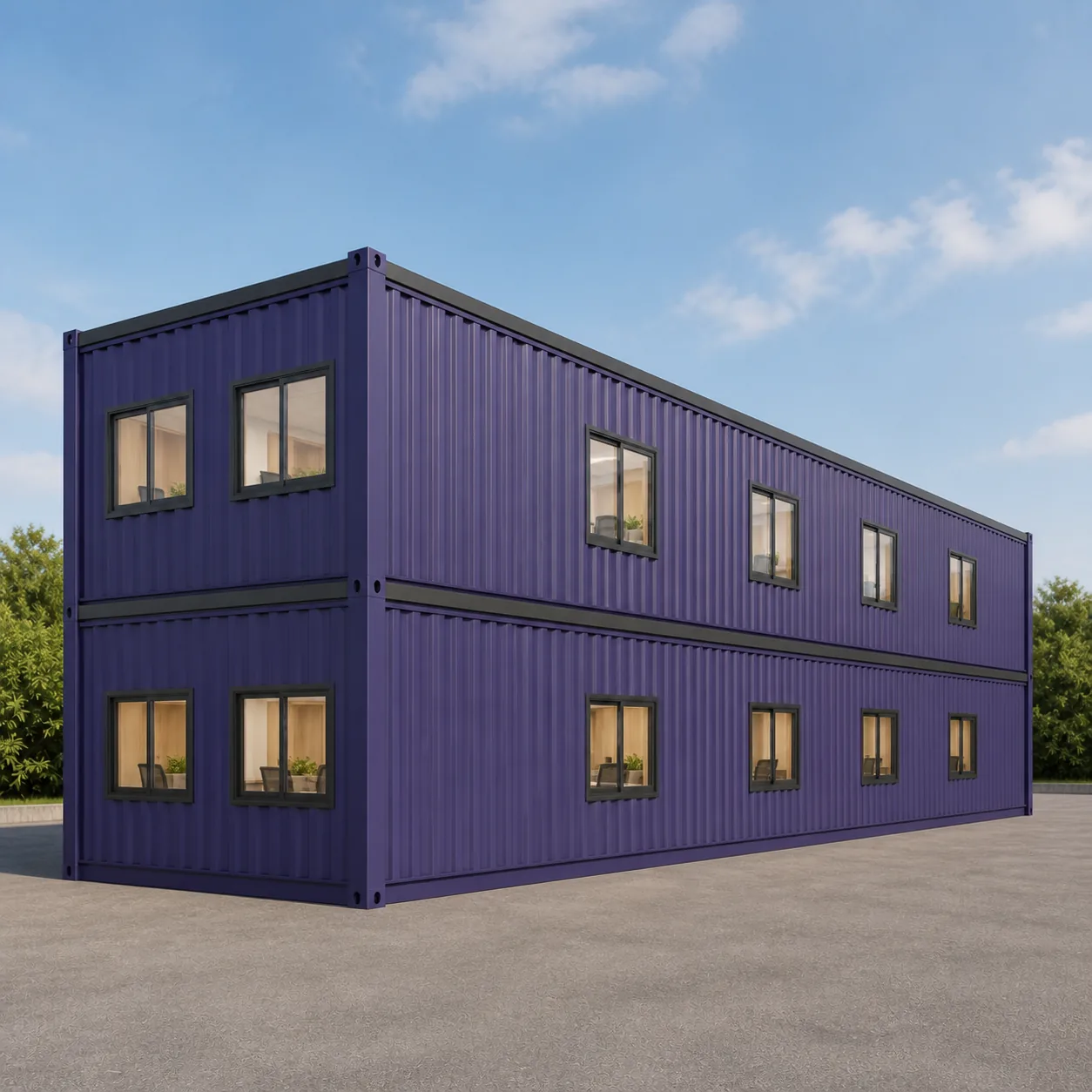 40 x 16 ft G+1 container office with four Wall B windows and two end wall windows on each floor