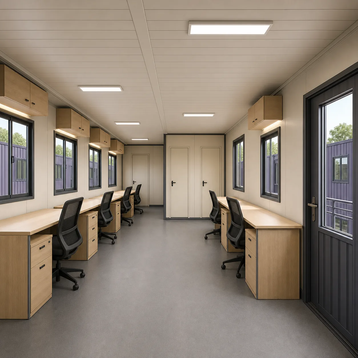 Common office of a 40 x 16 ft G+1 unit with desks on both walls and a glazed Wall A door