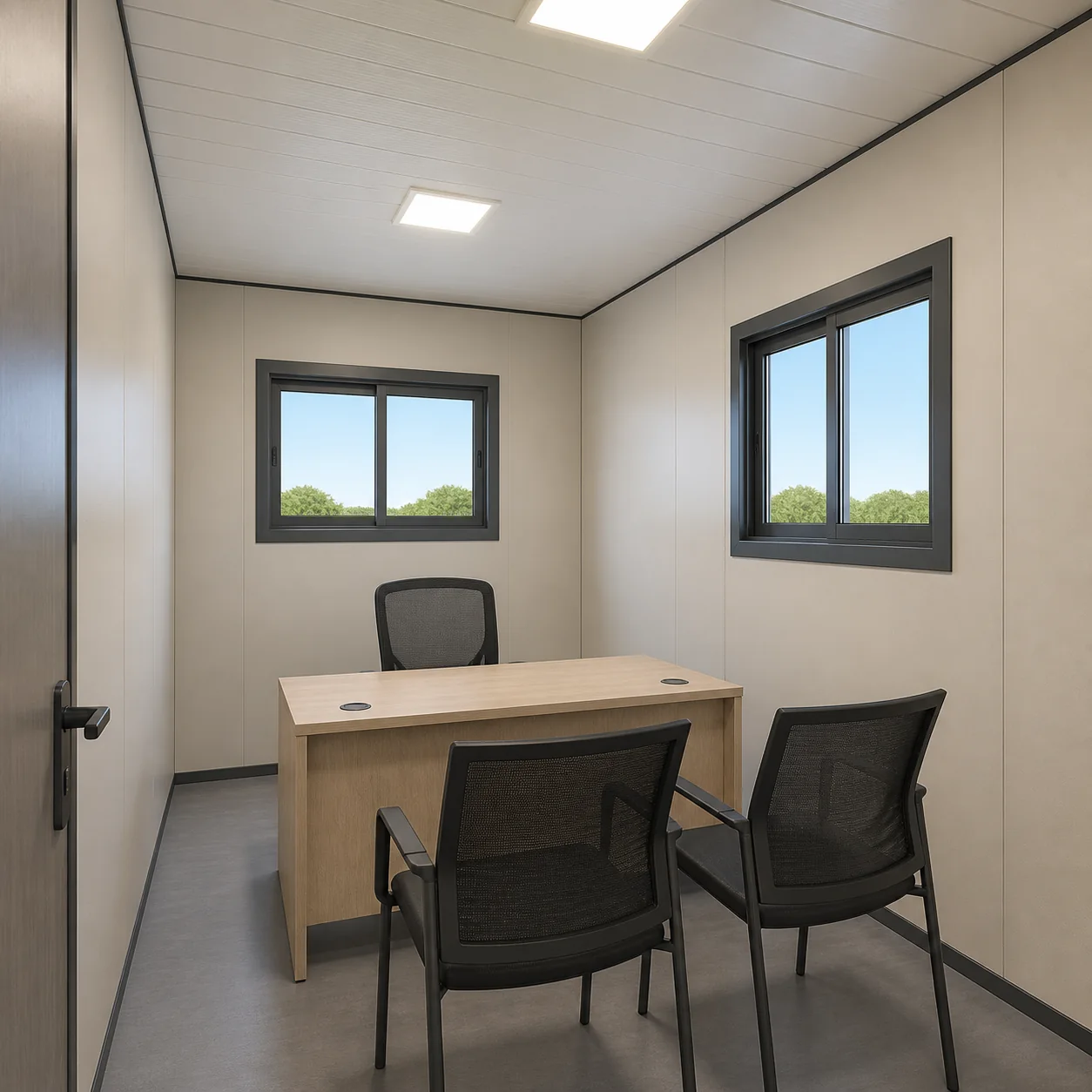 Manager room in a 40 x 16 ft G+1 container office with one end wall window and one side window