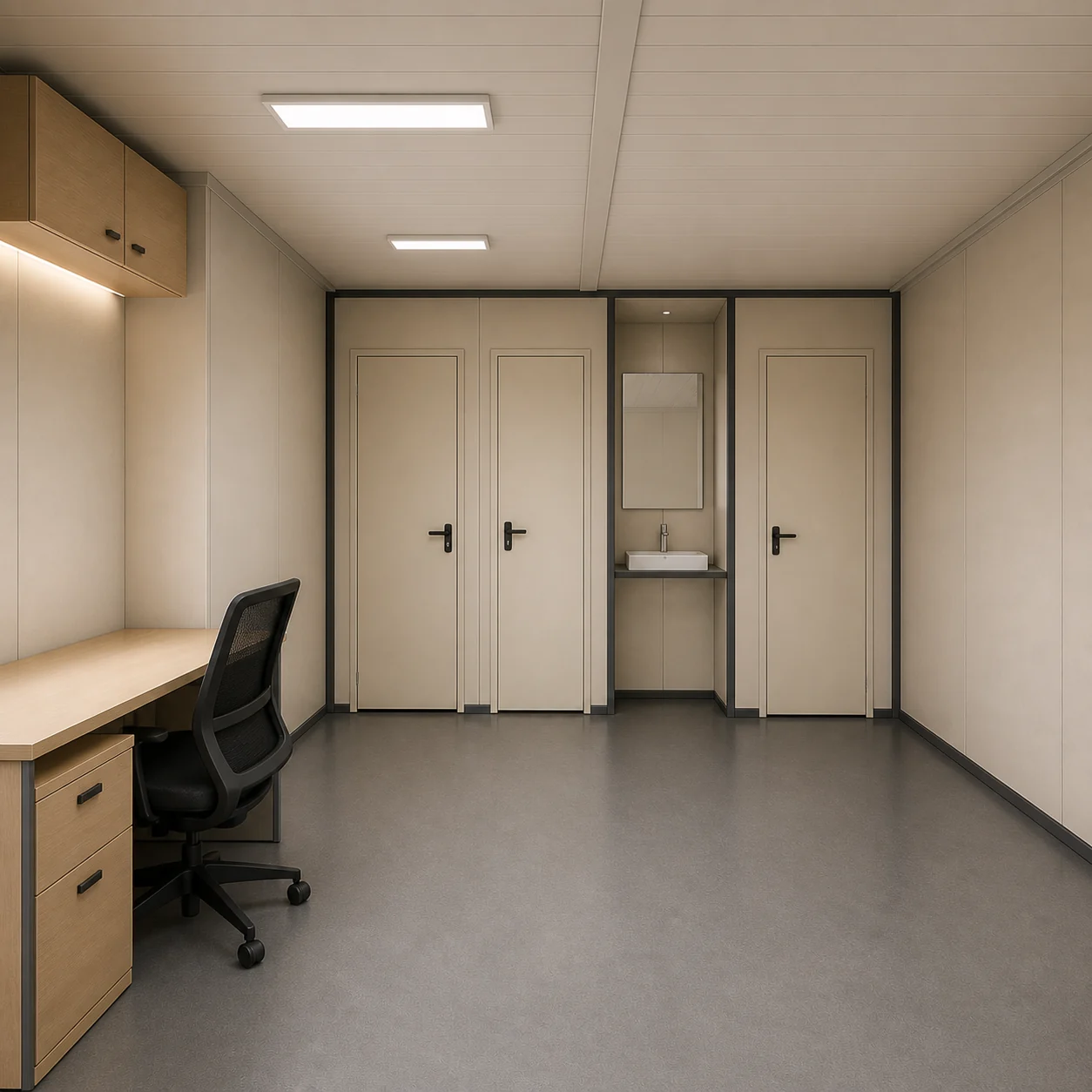 Pantry, twin toilets and shared wash inside the service bay of a 40 x 16 ft G+1 floor