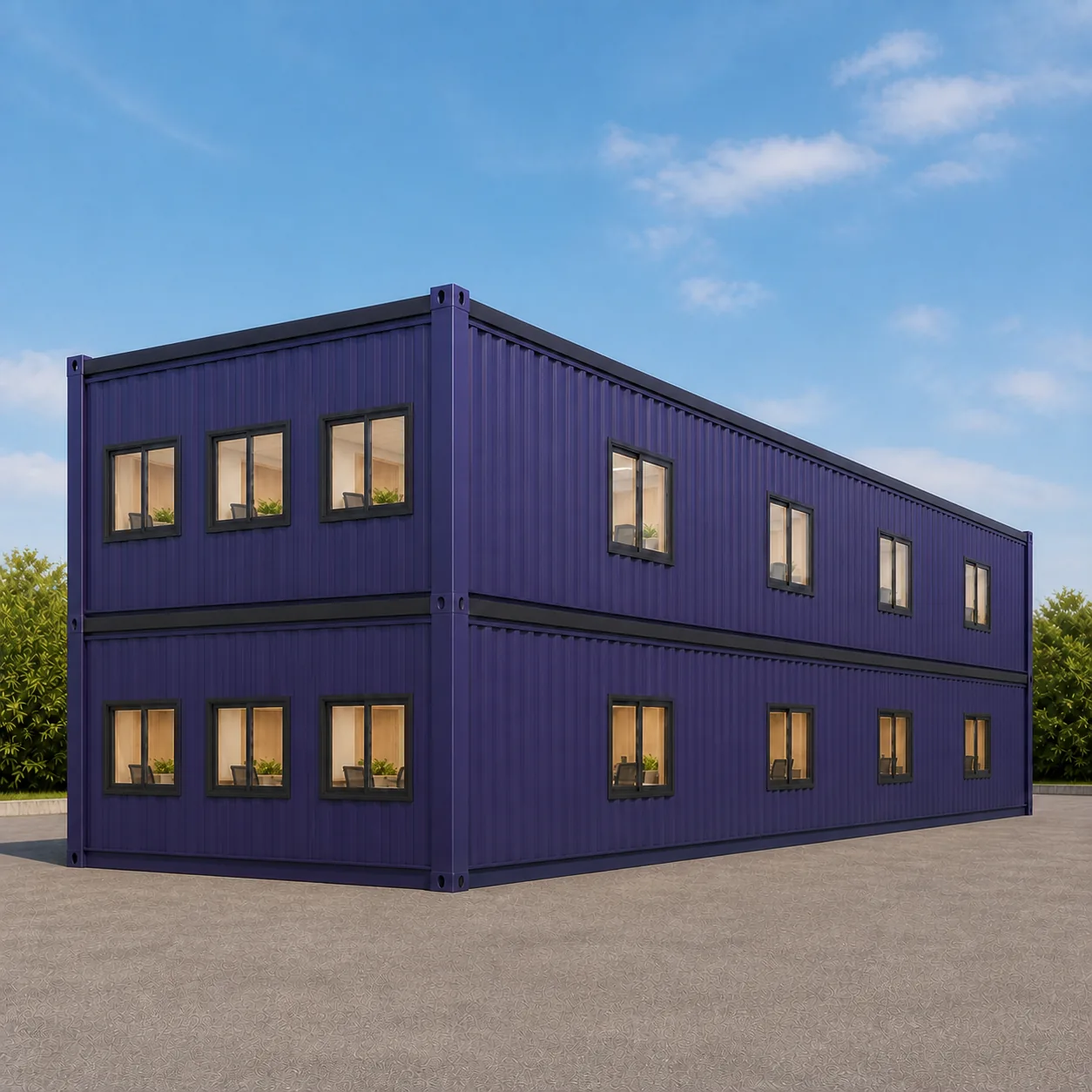40 x 24 ft G+1 container office with four Wall B windows and three end wall windows per floor