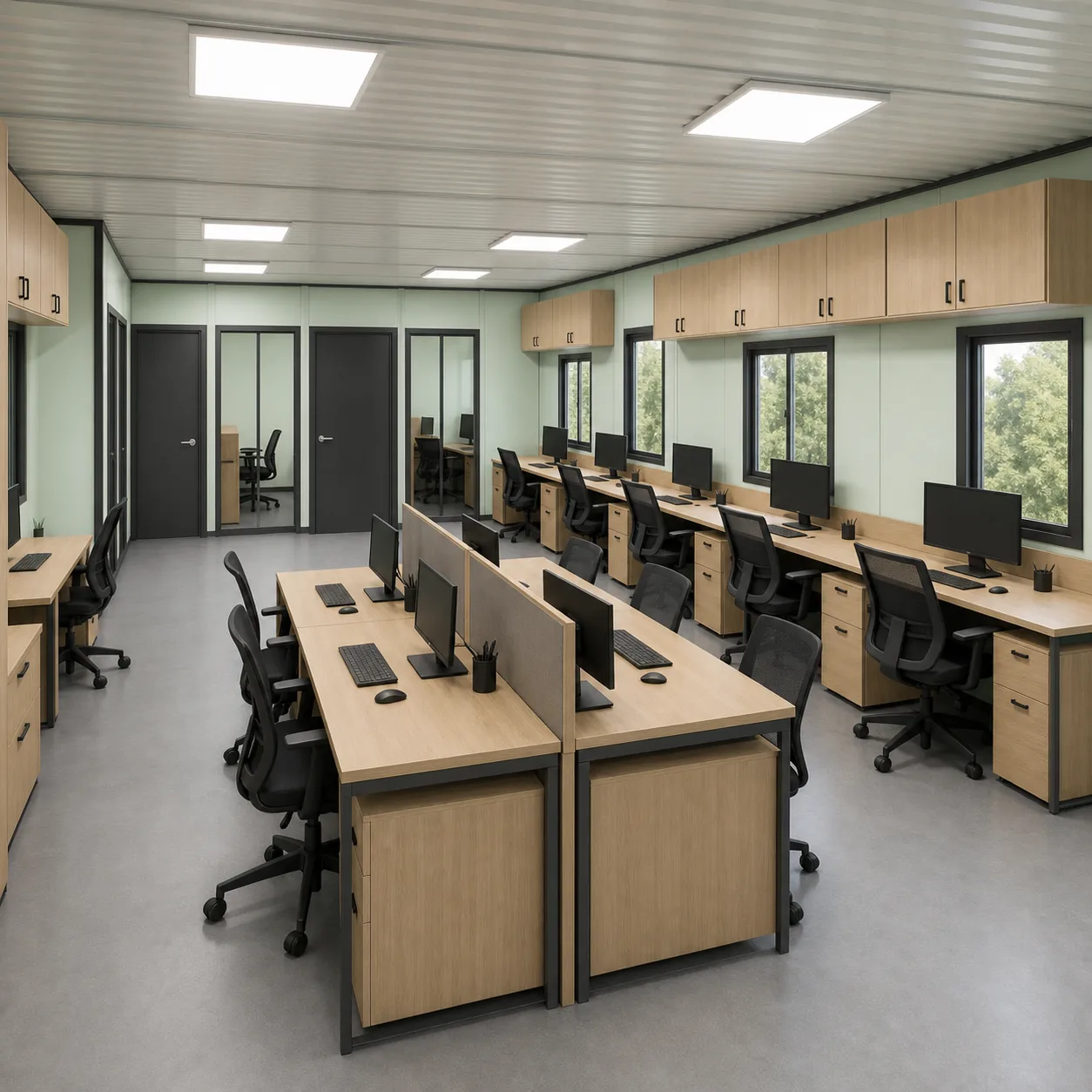 Open marketing office in a 40 x 24 ft G+1 unit with a three facing three workstation island