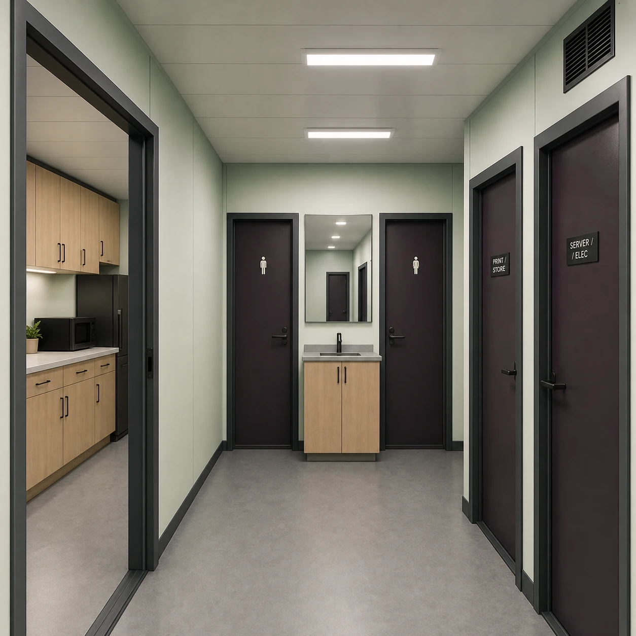 Pantry, toilets, shared wash, print store and server room in a 40 x 24 ft G+1 service zone