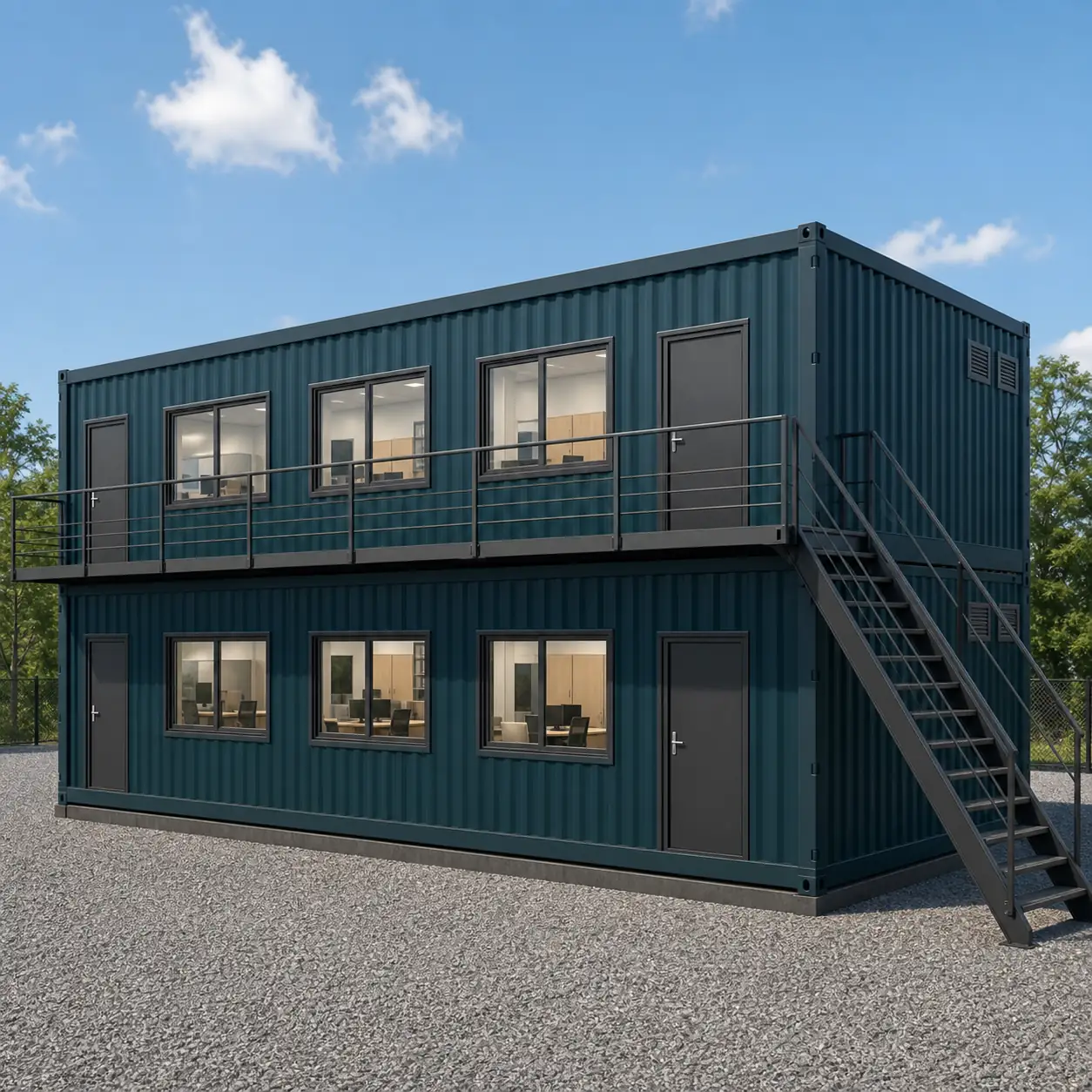 40 x 32 ft G+1 container office, three Wall A windows and two doors with deck and corner stair