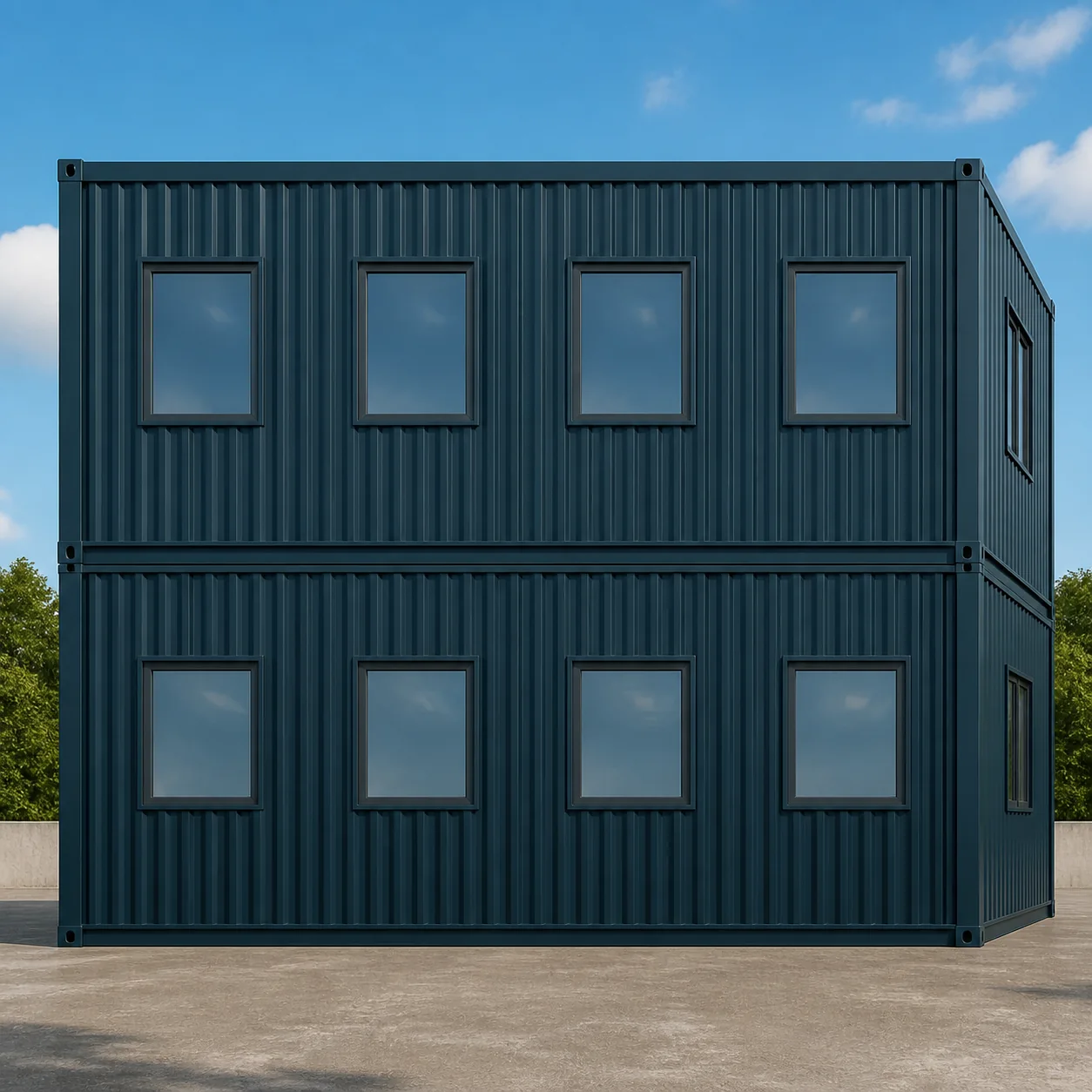 End elevation of a 40 x 32 ft G+1 container office with four windows on each of the two floors