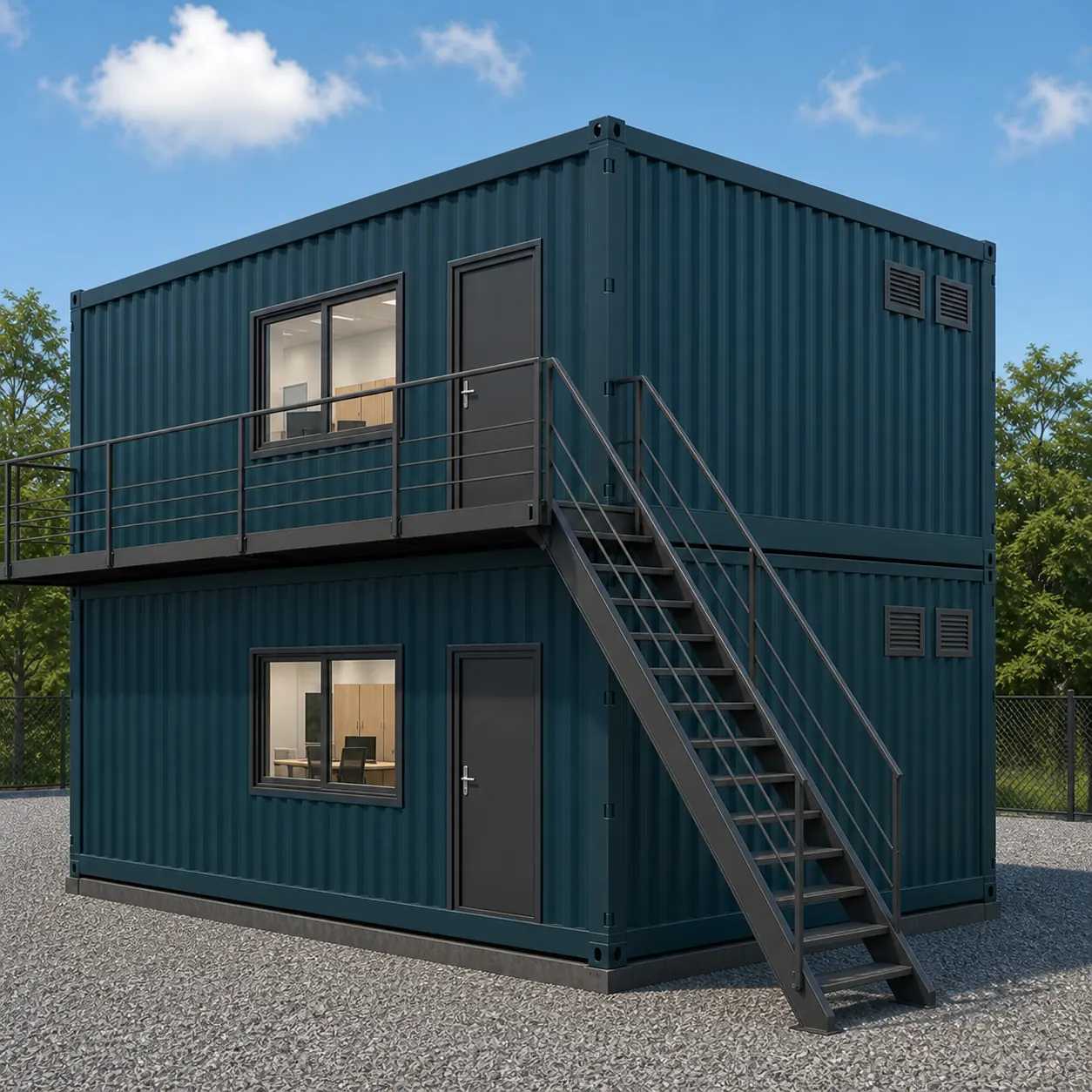 Service end of a 40 x 32 ft G+1 container office, two louvres per floor and the access stair