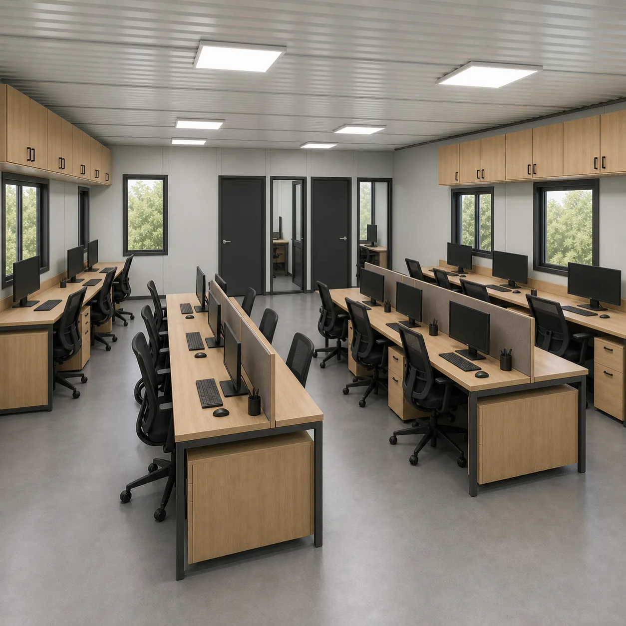 Open office in a 40 x 32 ft G+1 unit with two islands of three facing three workstations