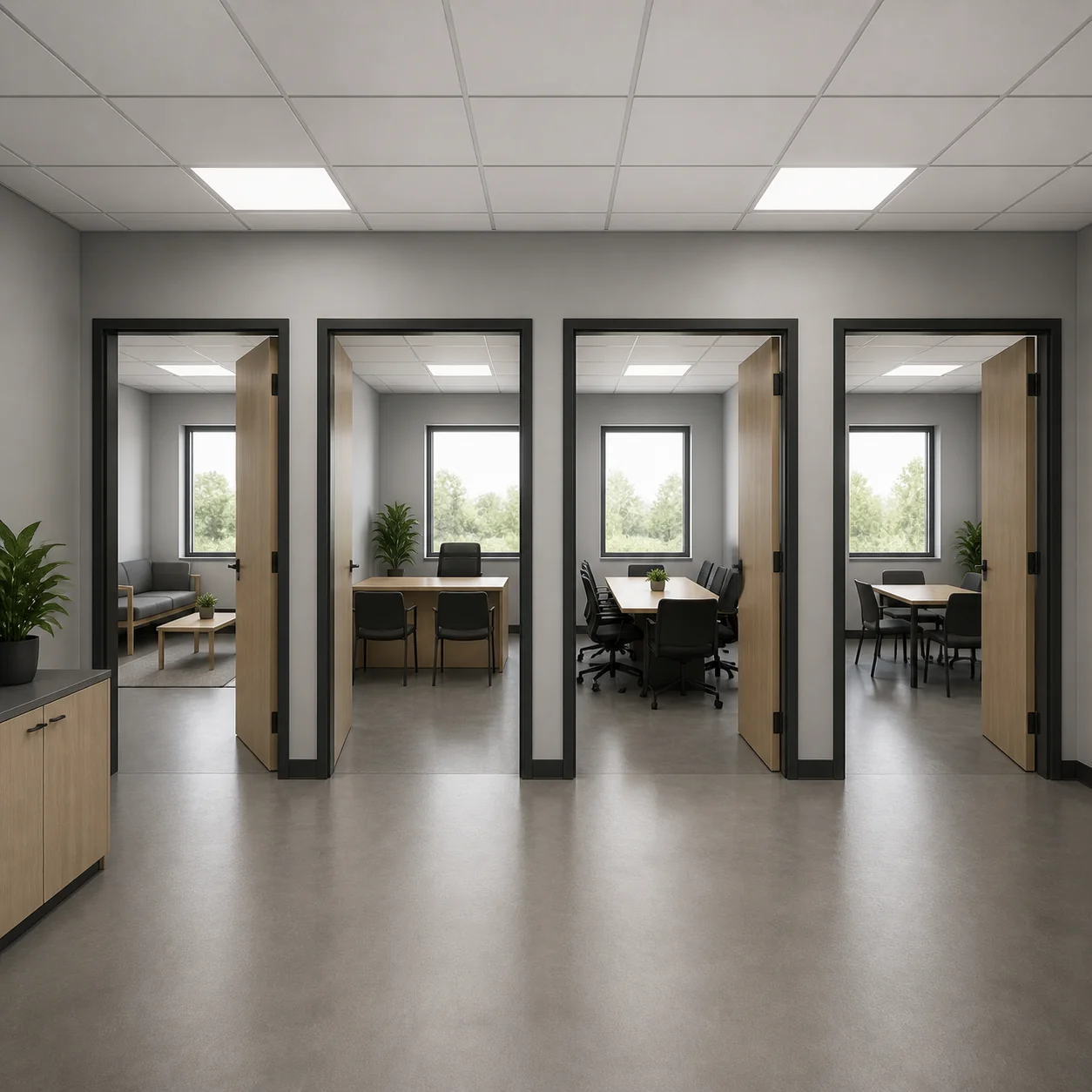 Four ten by eight foot front rooms along the end wall of a 40 x 32 ft G+1 office floor