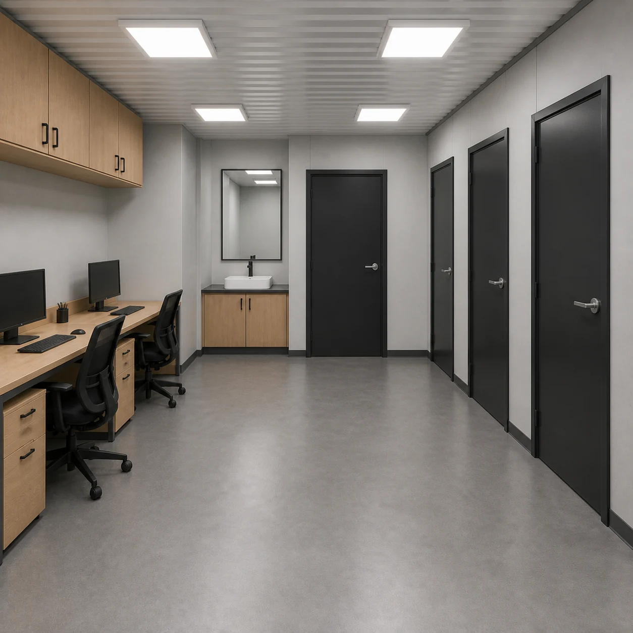 Support corridor in a 40 x 32 ft G+1 office with three service room doors and a wash recess