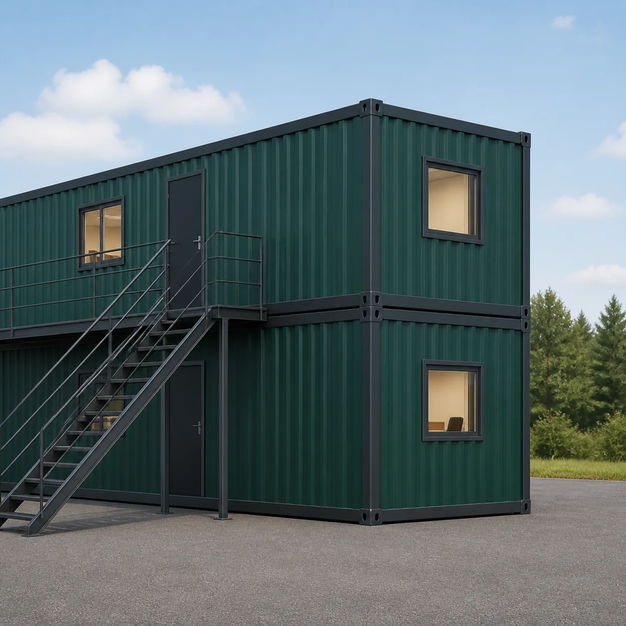 40 x 8 ft G+1 container office, Wall A window and door at the end corner with a first floor deck