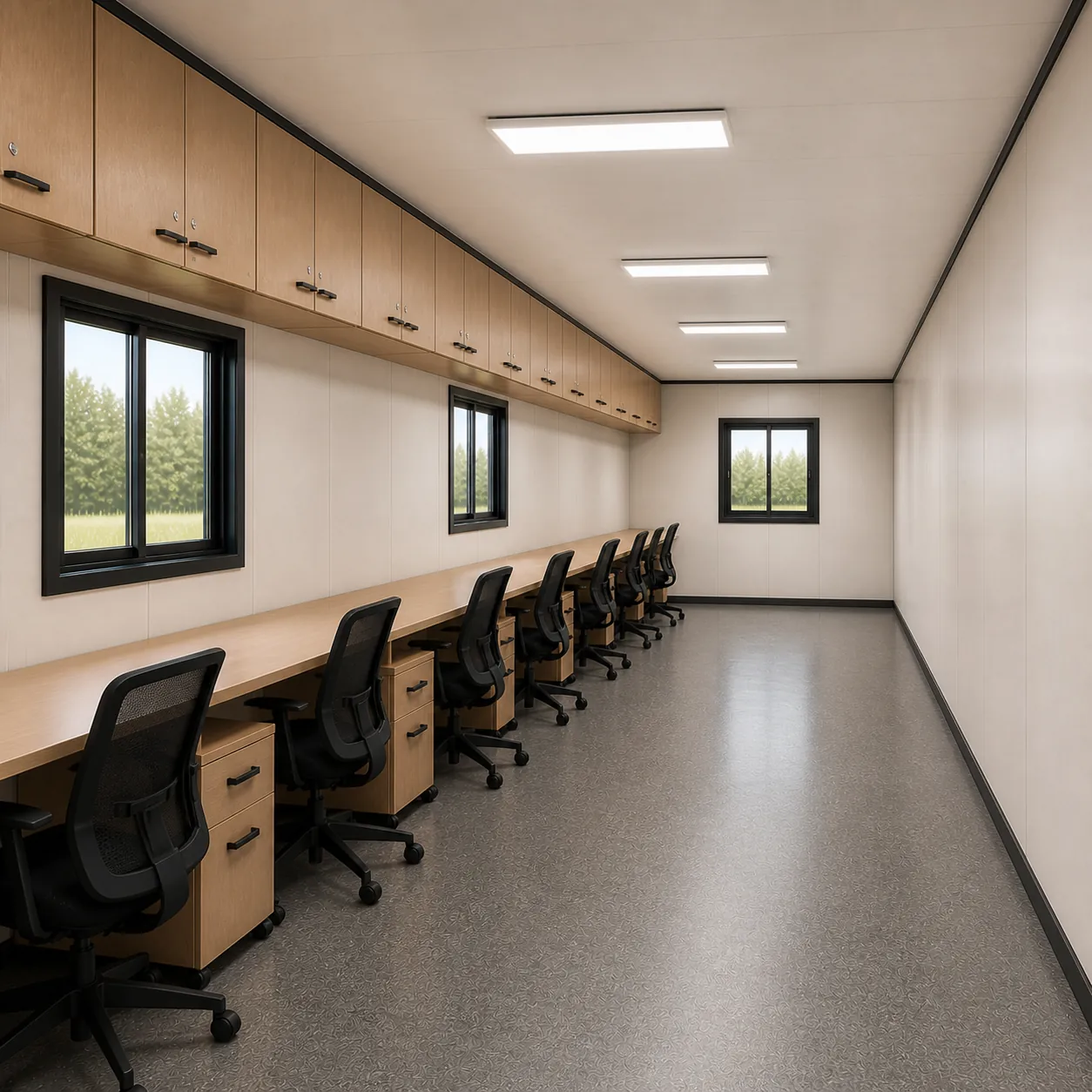 Common office of a 40 x 8 ft G+1 container office with seven workstations along one wall