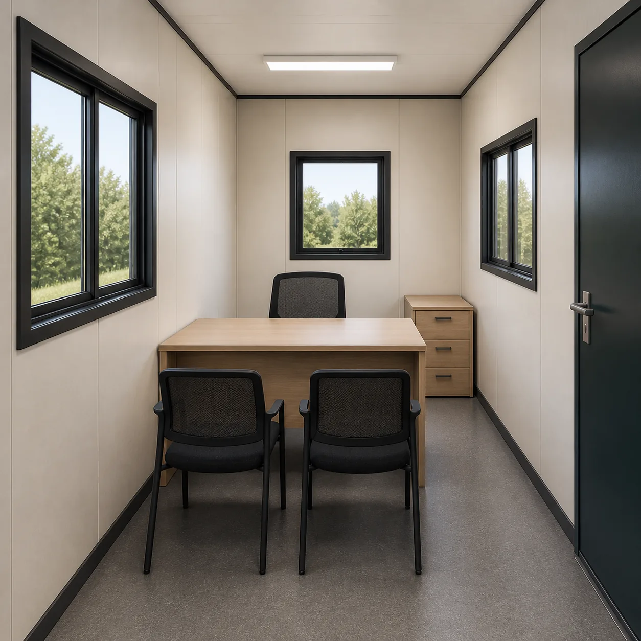 Ten by eight foot manager room in a 40 x 8 ft G+1 container office with three windows