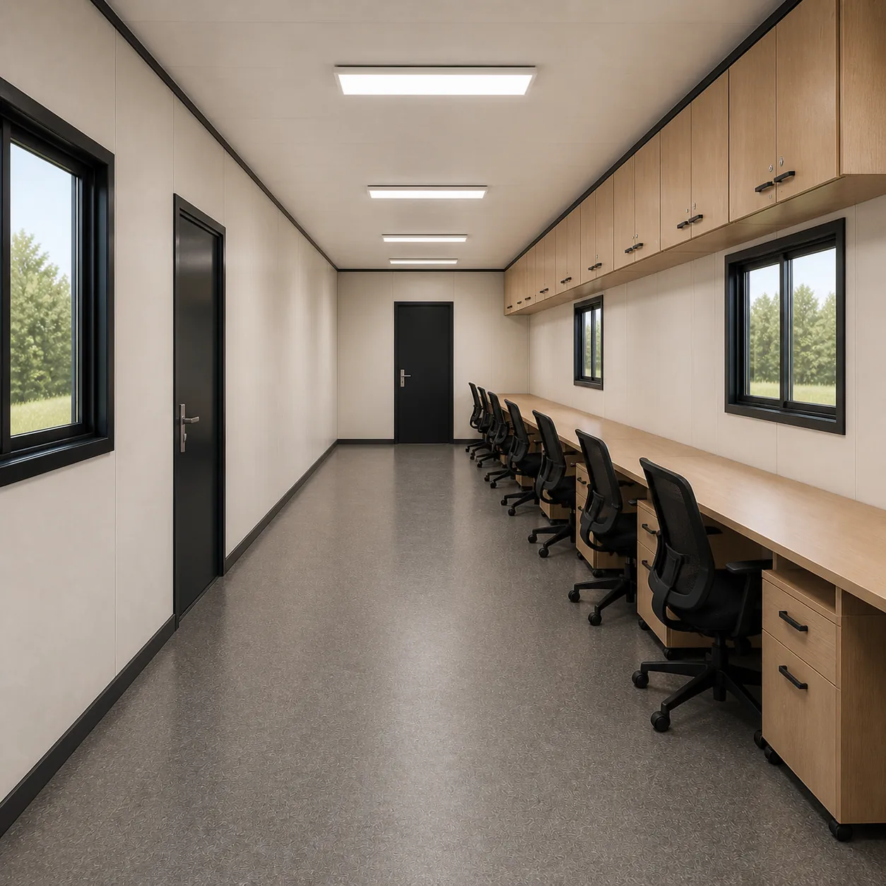 40 x 8 ft common office looking back to the manager partition, desks and cabinets on the right
