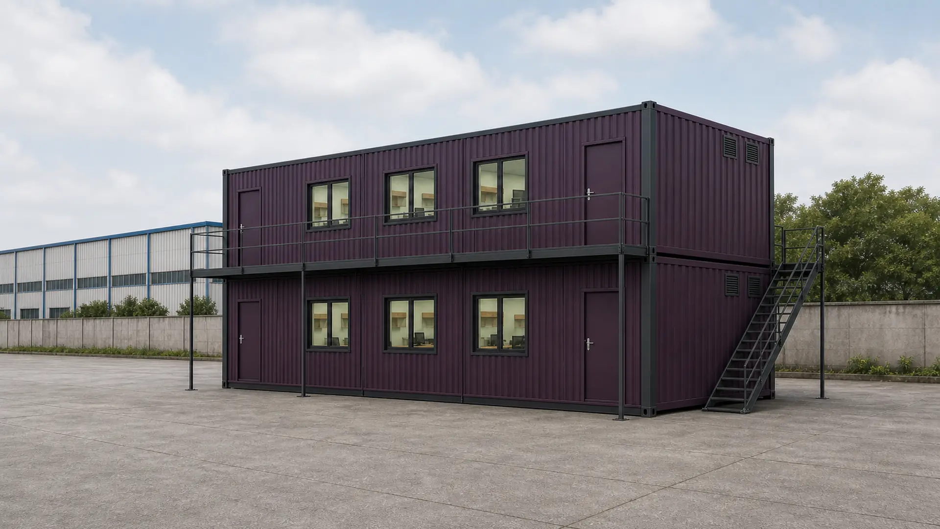 Multi-story container office in a works yard, two levels with a Wall A deck and external stair