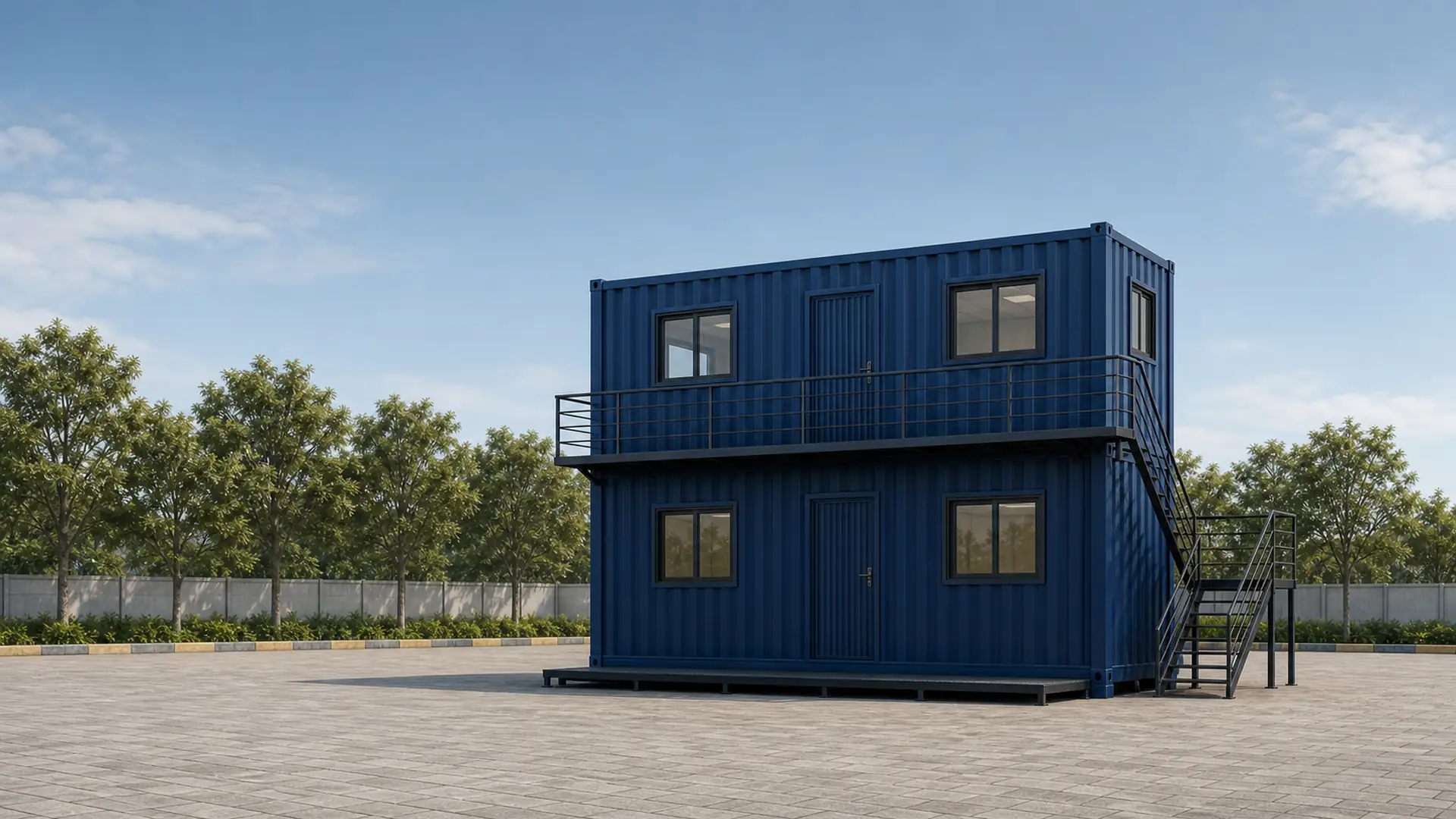 Compact G+1 container office on paving, one door and two windows per floor on the access wall