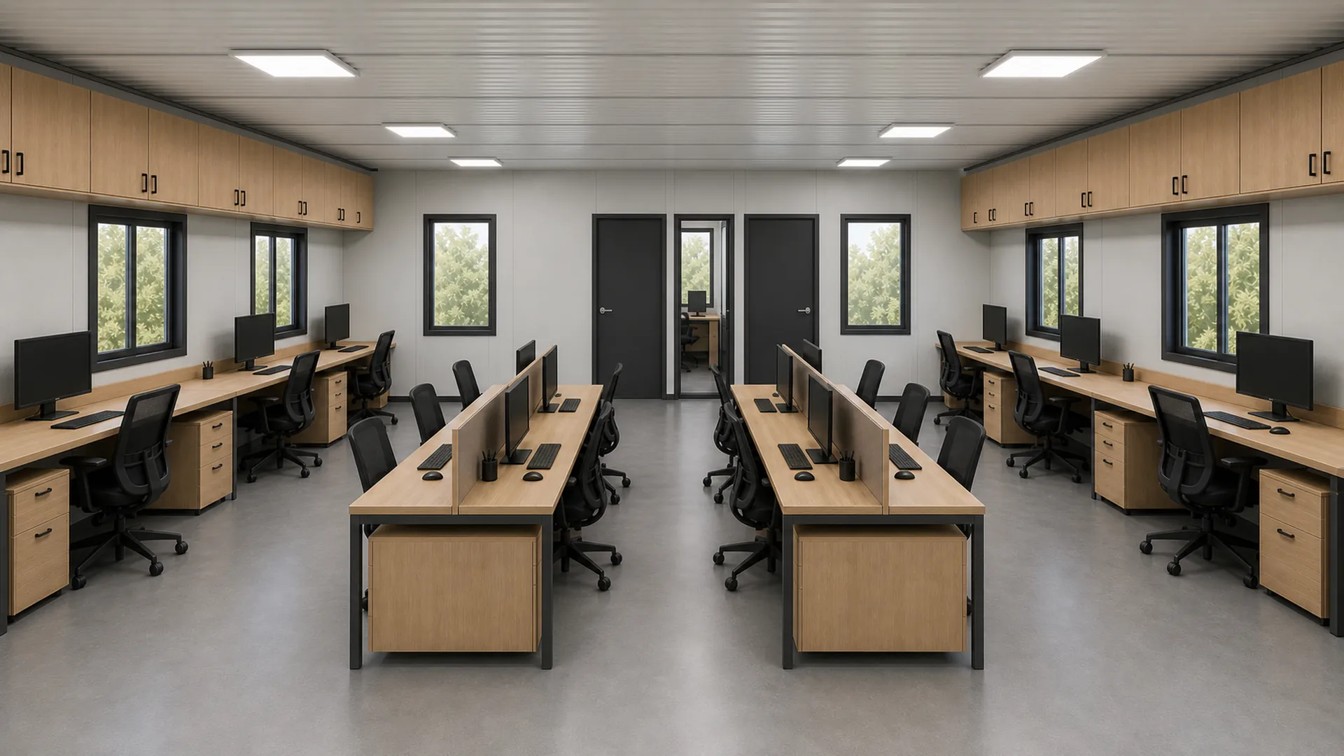 Island of workstations on a multi-story container office floor with ceiling cabinets above