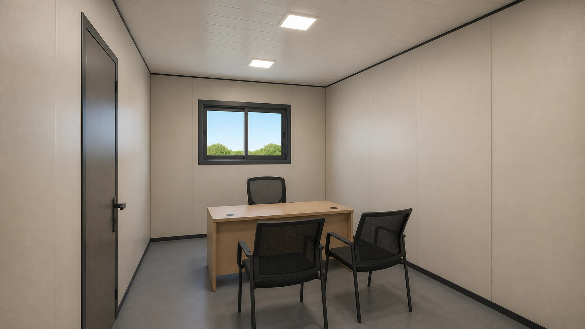 Manager room inside a multi-story container office with a desk, visitor chairs and a window