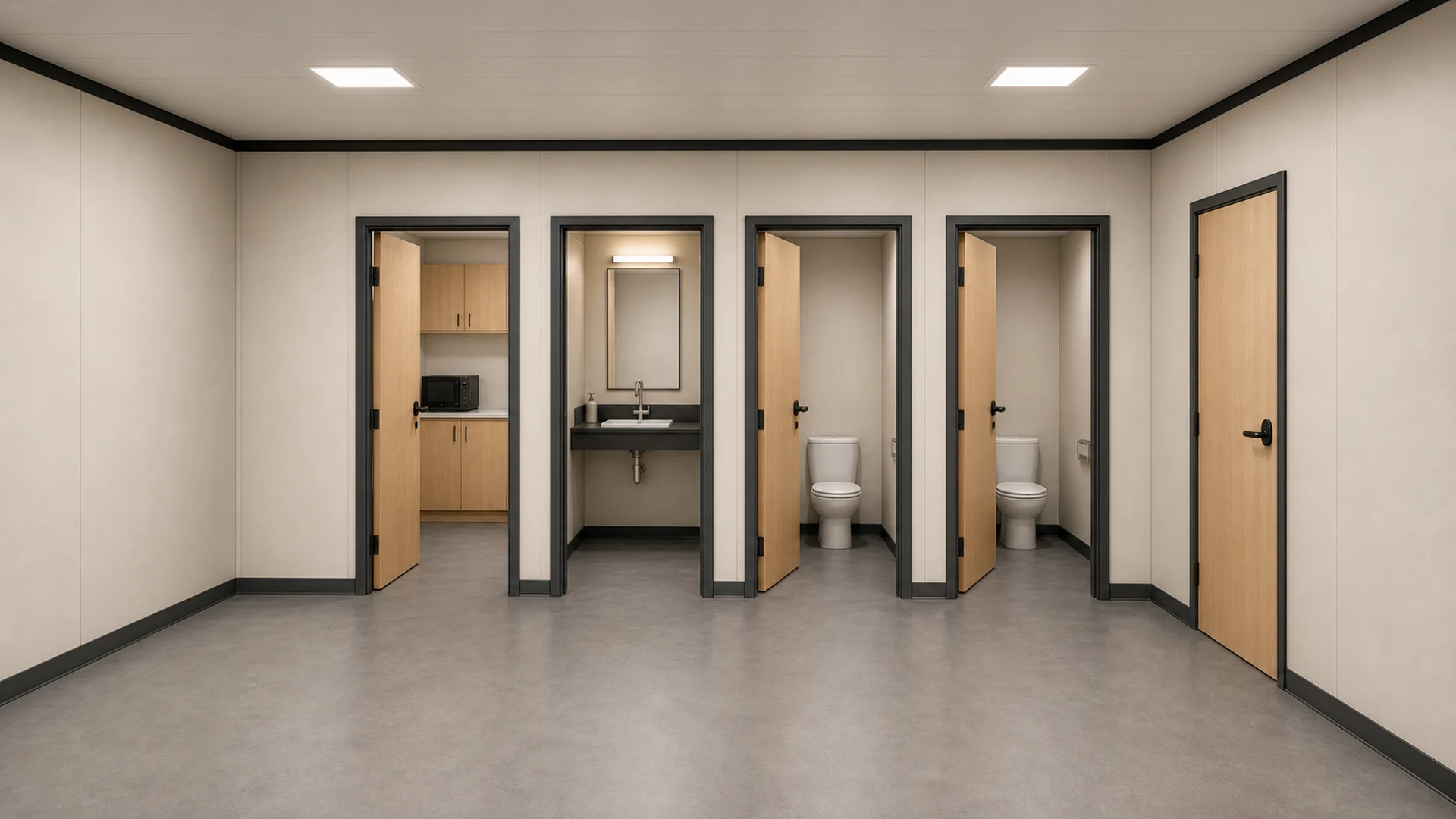 Service bay inside a multi-story container office with pantry, toilet doors and a wash counter