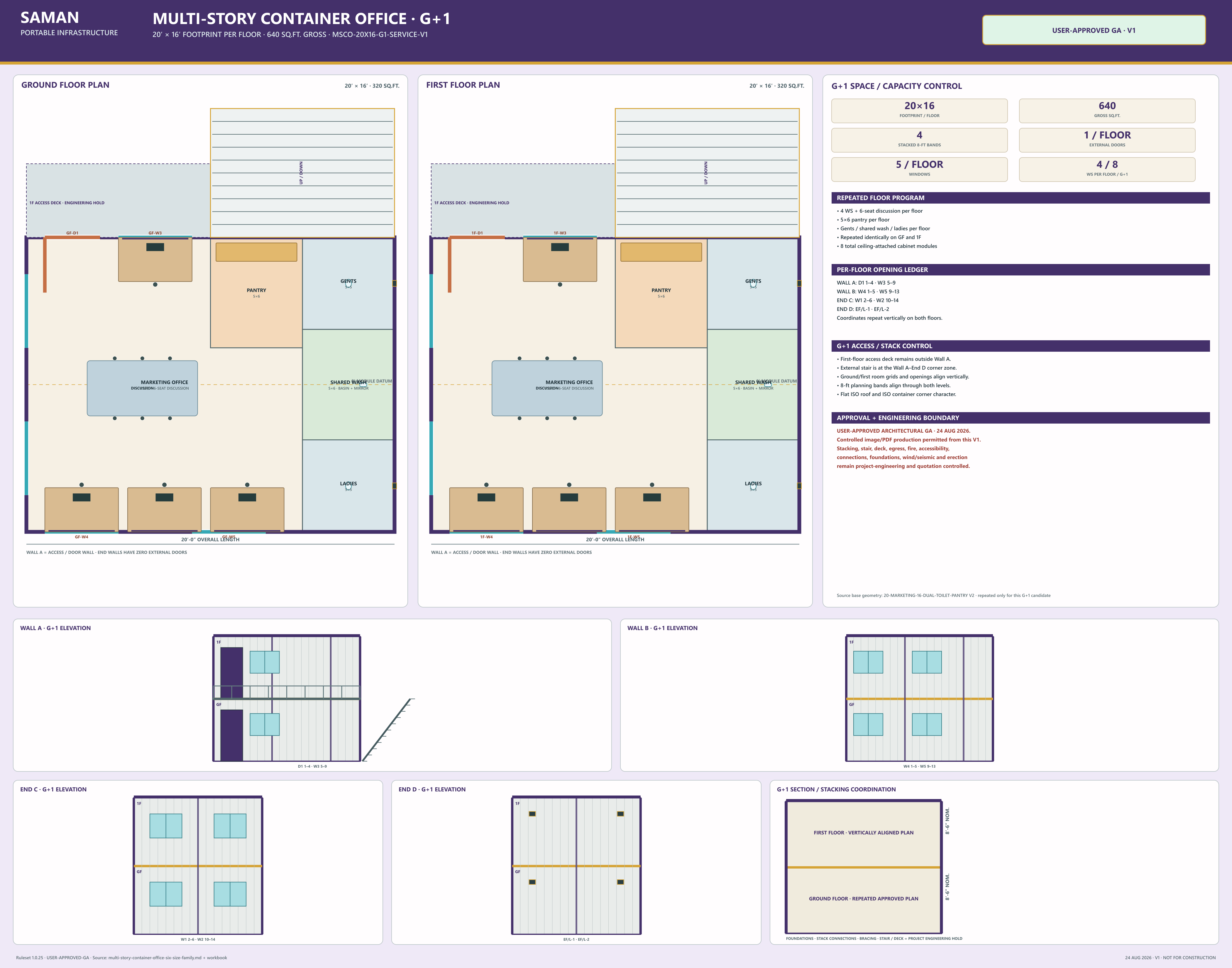 Approved G+1 GA board for the 20 x 16 ft multi-story container office, both floor plans