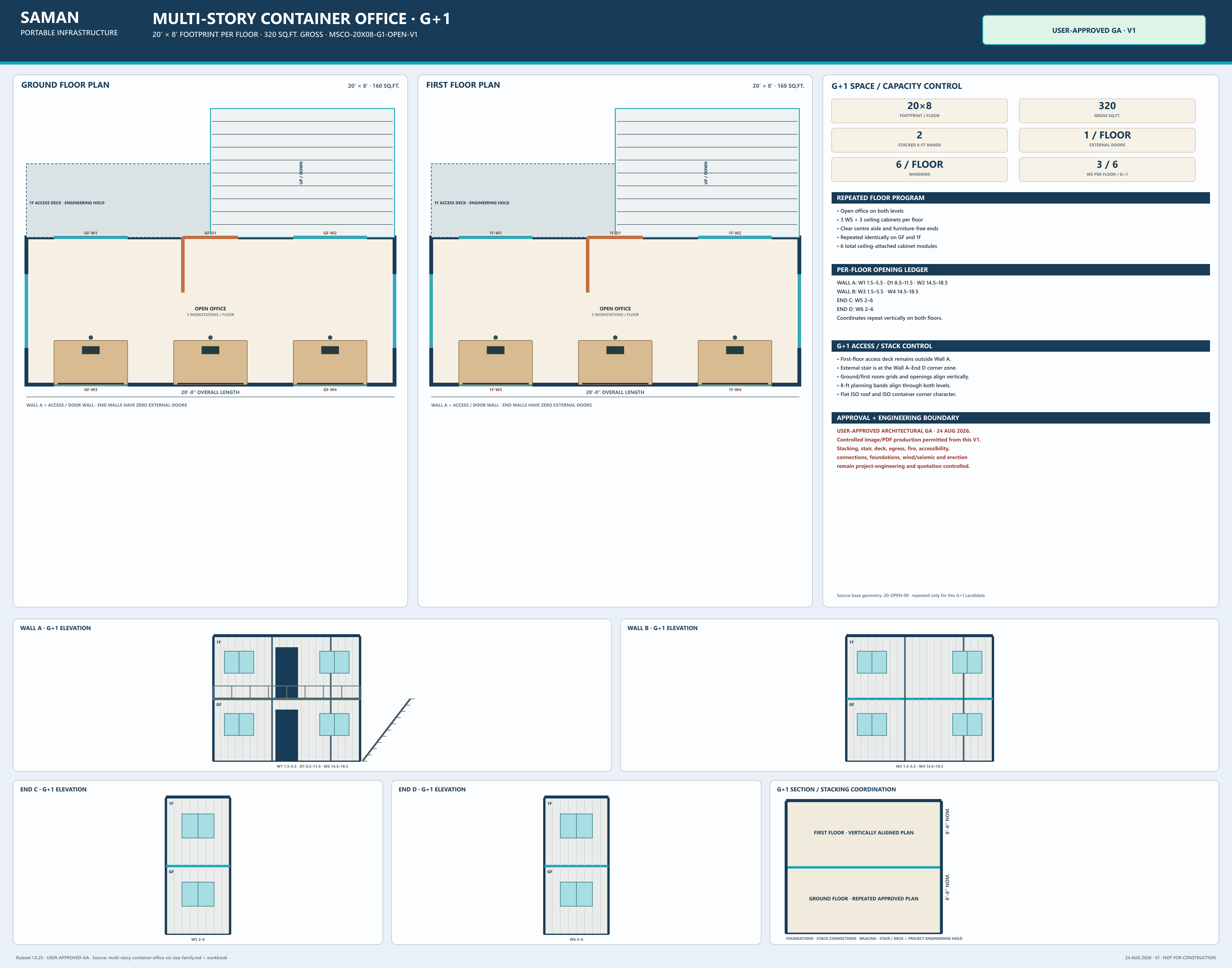 Approved G+1 GA board for the 20 x 8 ft multi-story container office, both floor plans