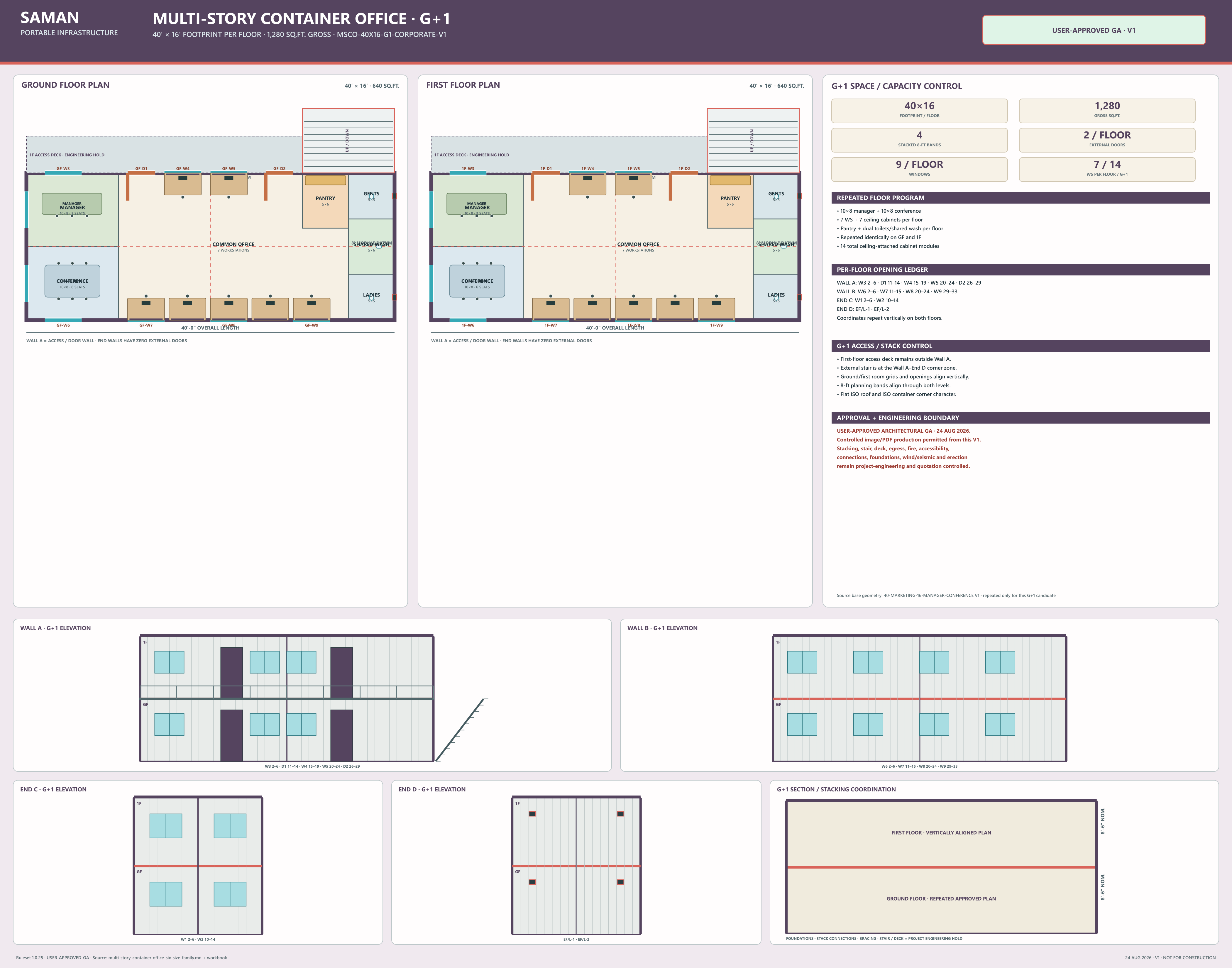 Approved G+1 GA board for the 40 x 16 ft multi-story container office, both floor plans