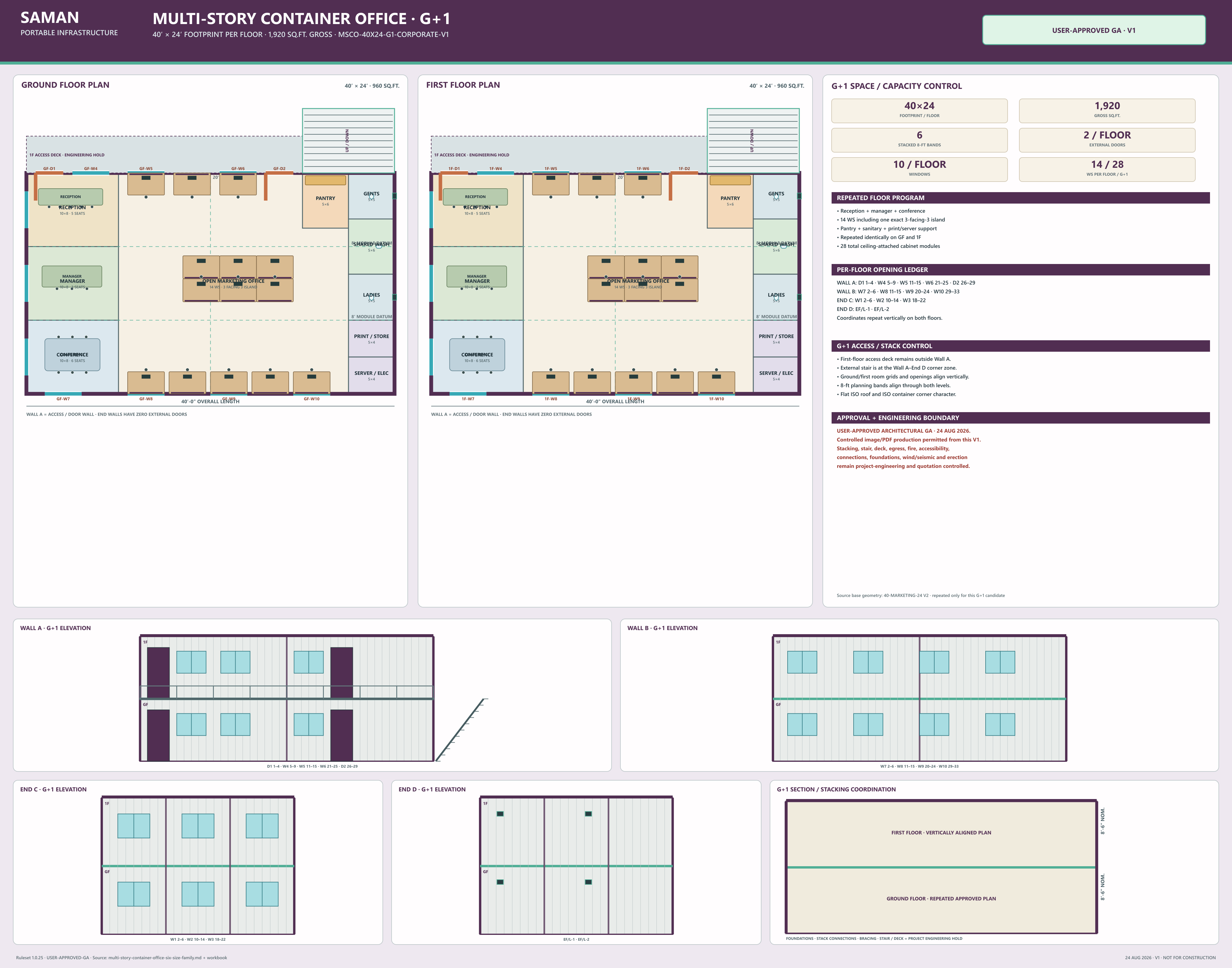 Approved G+1 GA board for the 40 x 24 ft multi-story container office, both floor plans