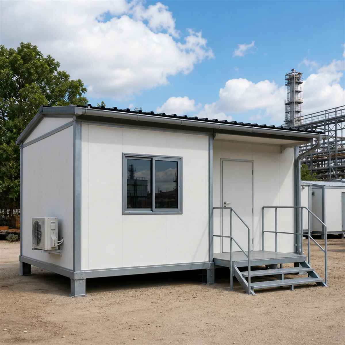 Explore range card for 20x10 ft oil field camp module in Oyster White, front left view, steel skid base and entrance steps