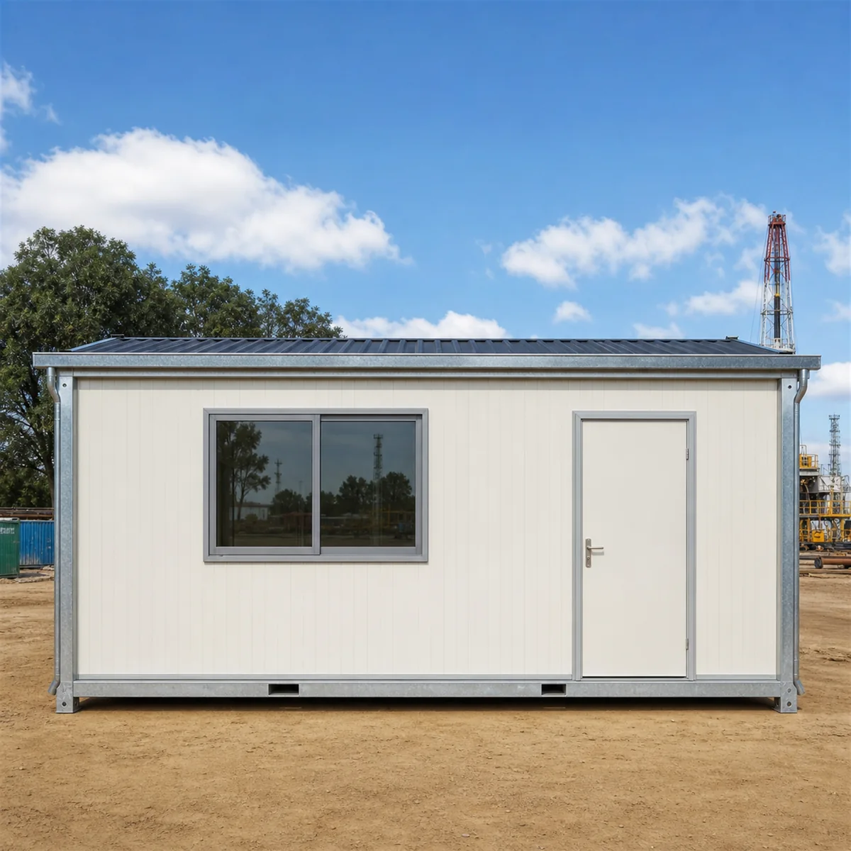 20x10 ft oil field camp module, straight front elevation showing door and window run