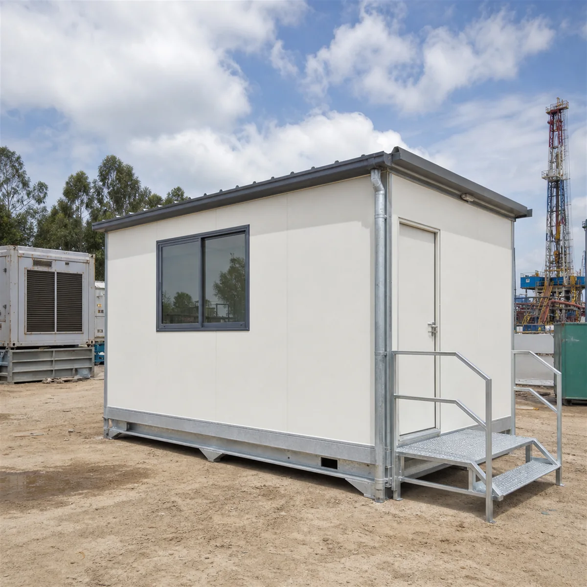 20x10 ft oil field camp module installed on a gravel pad at a remote drilling location