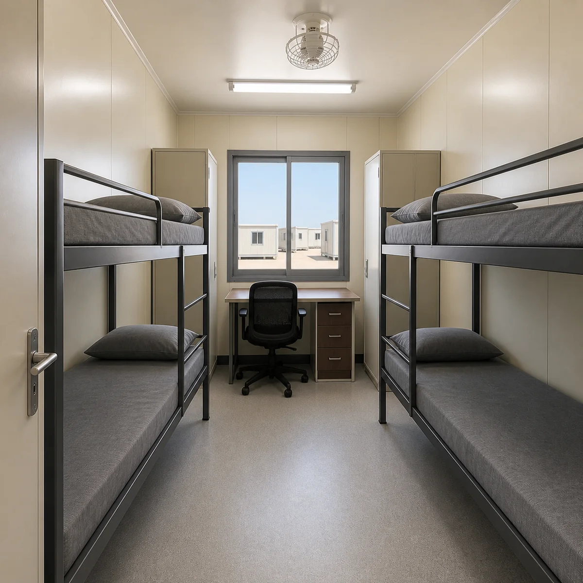 Interior of a 20x10 ft oil field camp module looking down the room, 4 beds in bunk frames