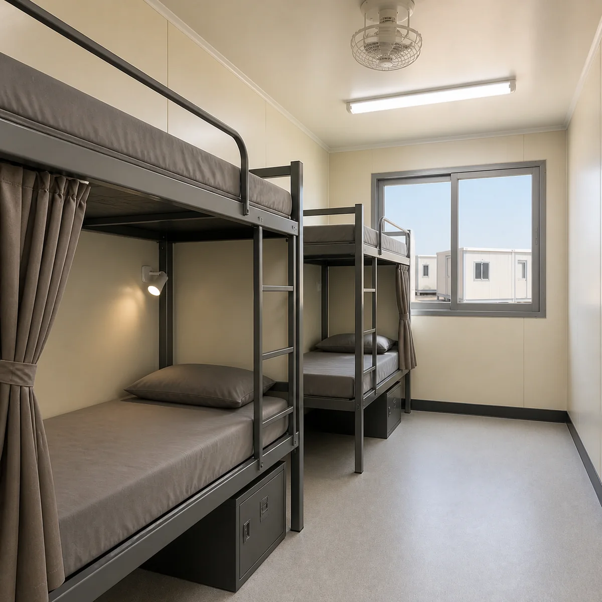 Sleeping bay in a 20x10 ft oil field camp module with bunk frame, locker and reading light