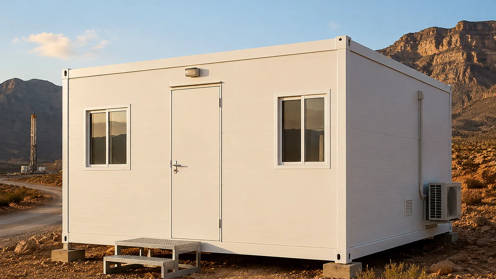 Oil field camp module with external service connections at a remote site