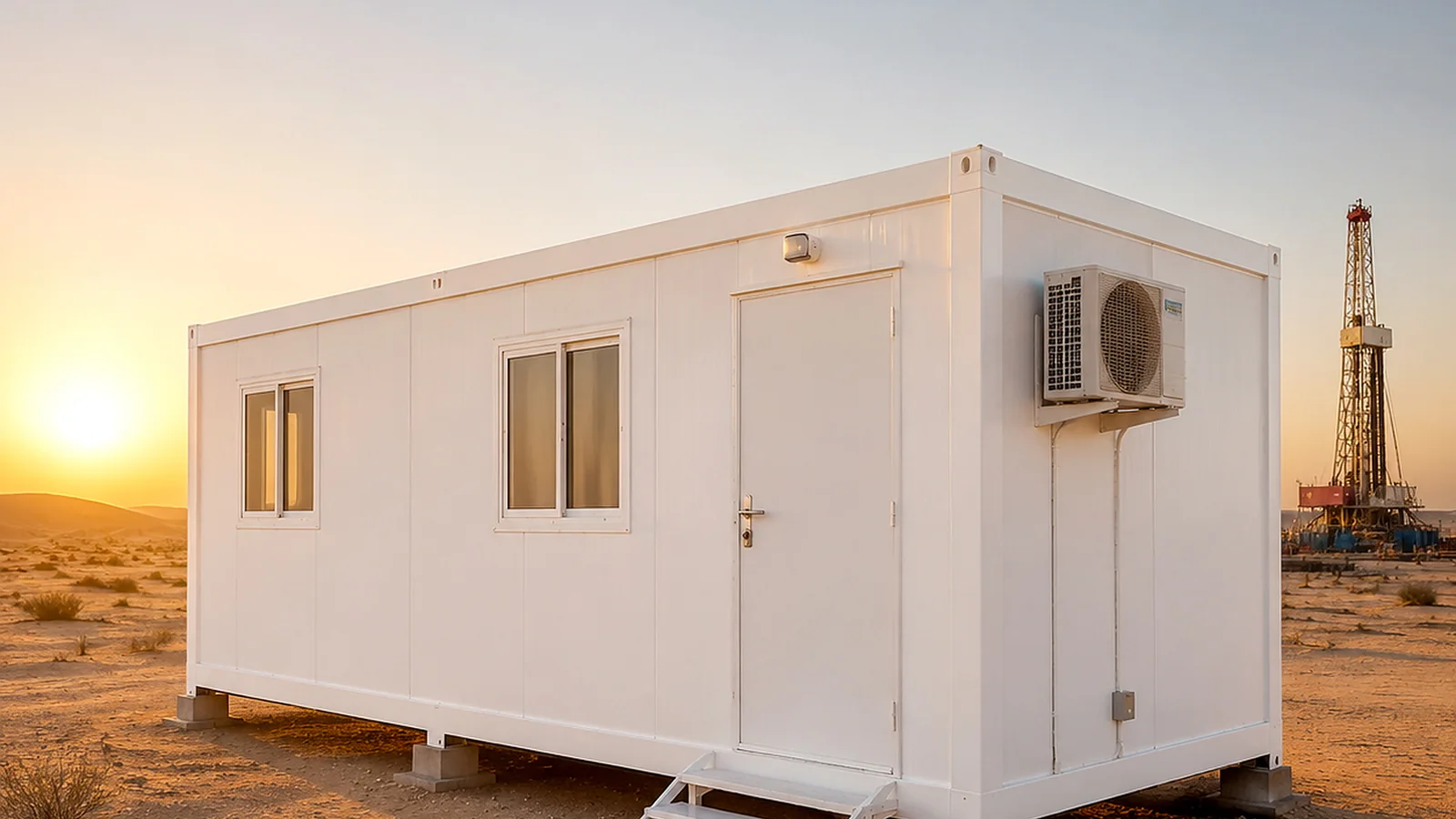 Oil field camp module on a remote location with a drilling rig in the distance