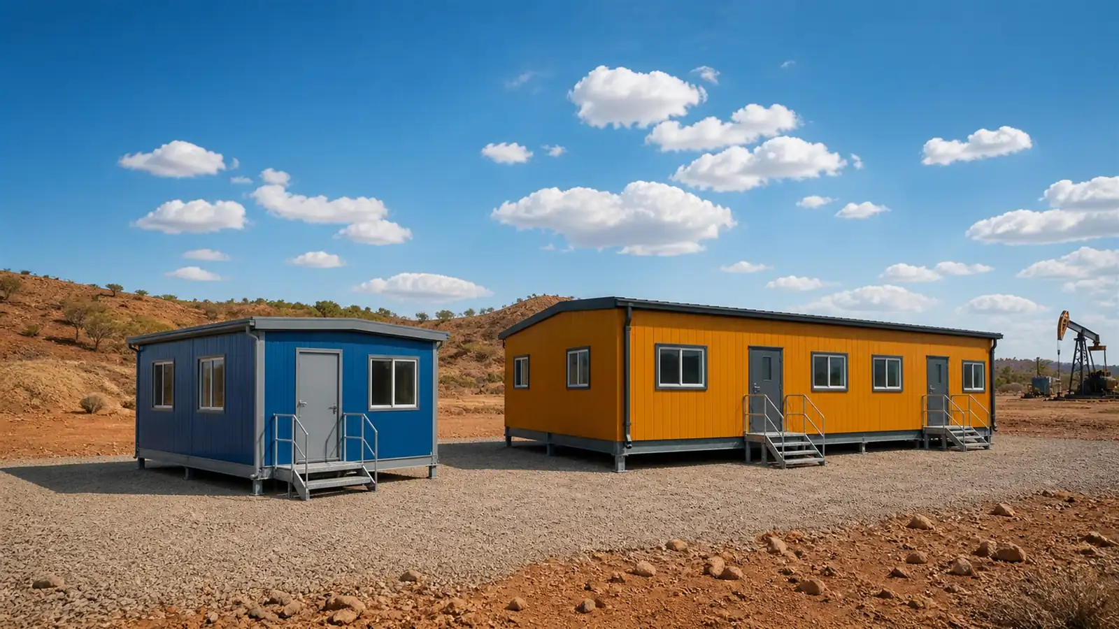 Two oil field camp modules of different lengths on the same gravel pad