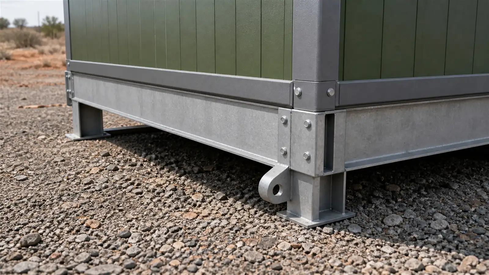 Steel skid chassis of an oil field camp module with runner beam and marked corner lifting lug