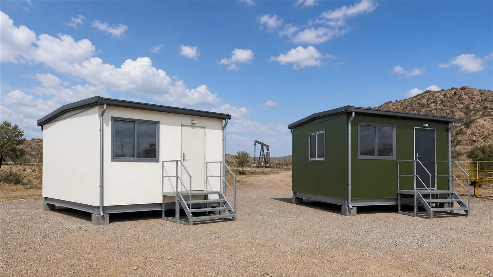 Two oil field camp modules placed apart on one location showing access between them