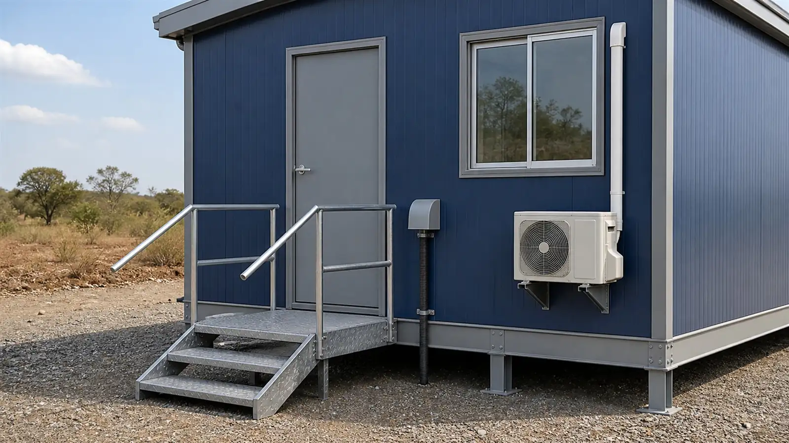 Door end of an oil field camp module showing steps, external AC condenser and protected electrical entry